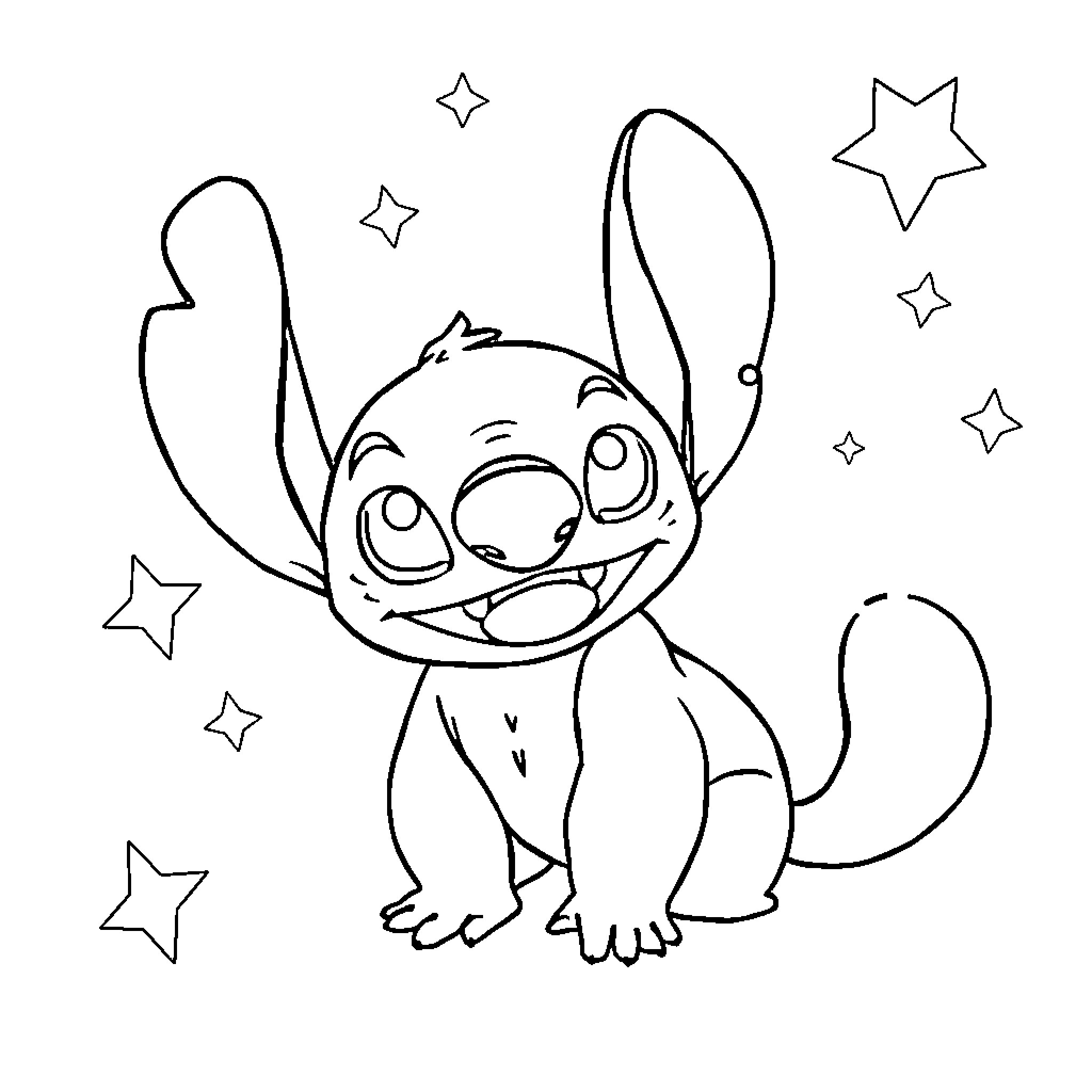 Alien creature joyfully surrounded by stars Coloring Page (free black-and-white line drawing printable PDF for all, from beginners to advanced learners, including children, teens, adults, and seniors)