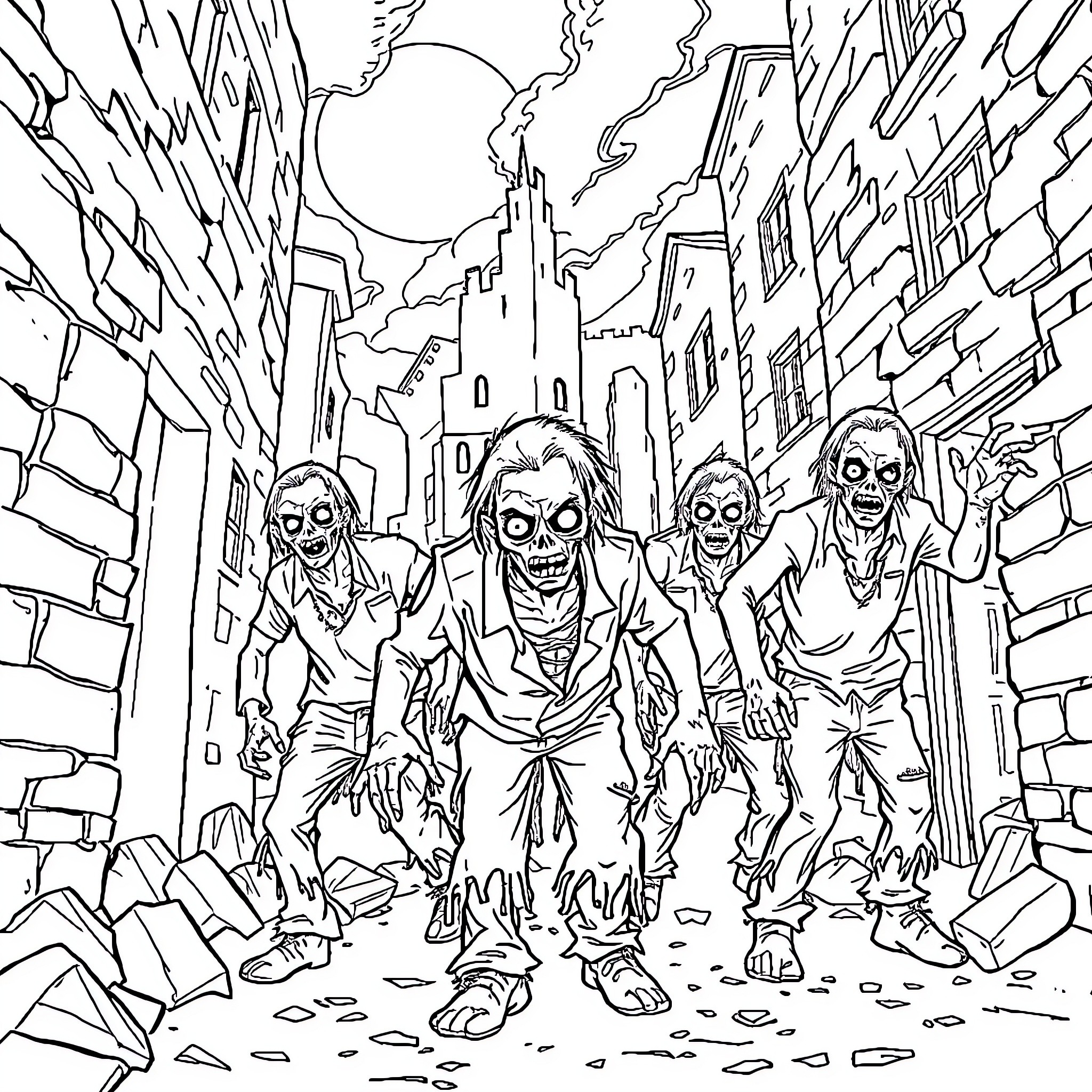 Zombie horde stalking through the city streets Coloring Page (free black-and-white line drawing printable PDF for all, from beginners to advanced learners, including children, teens, adults, and seniors)