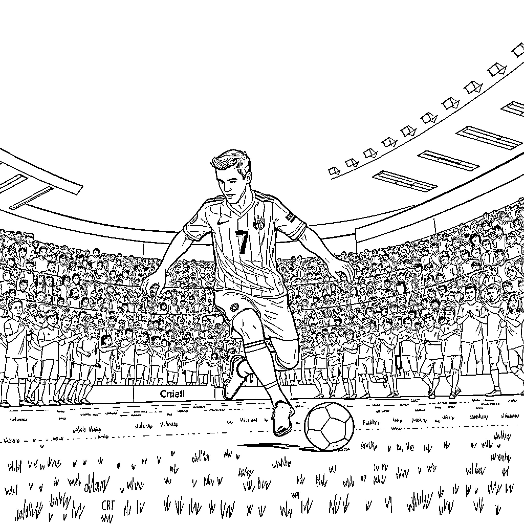 Cr7 Soccer Player Kicking Ball in Stadium Coloring Page (free black-and-white line drawing printable PDF for all, from beginners to advanced learners, including children, teens, adults, and seniors)