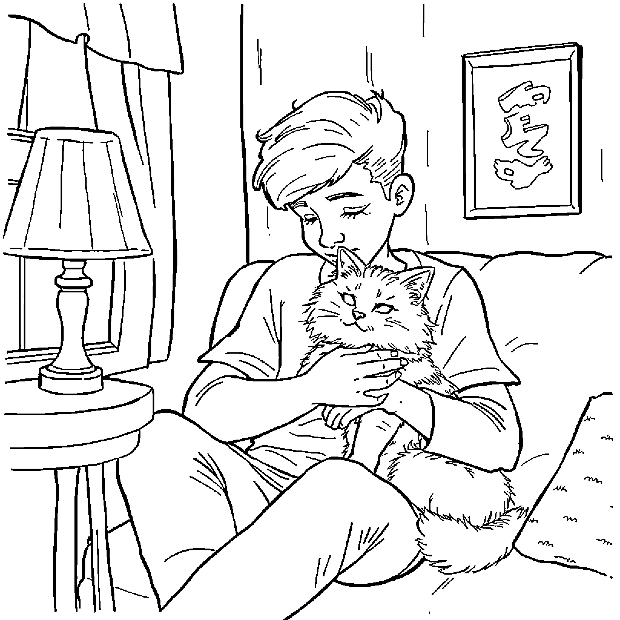 Cat comforting the boy in his room Coloring Page (free black-and-white line drawing printable PDF for all, from beginners to advanced learners, including children, teens, adults, and seniors)