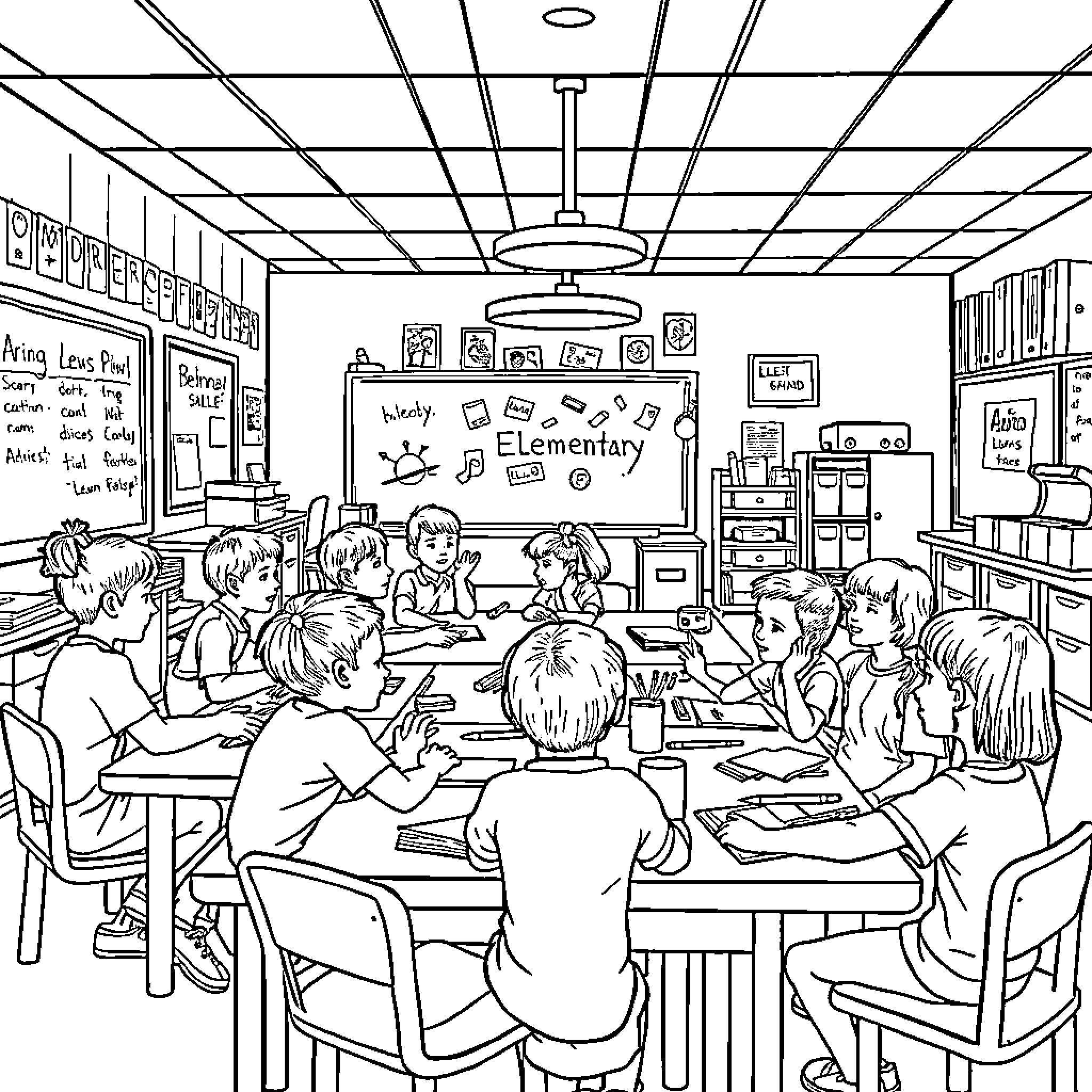 Animal classroom scene with students and teacher Coloring Page (free black-and-white line drawing printable PDF for all, from beginners to advanced learners, including children, teens, adults, and seniors)