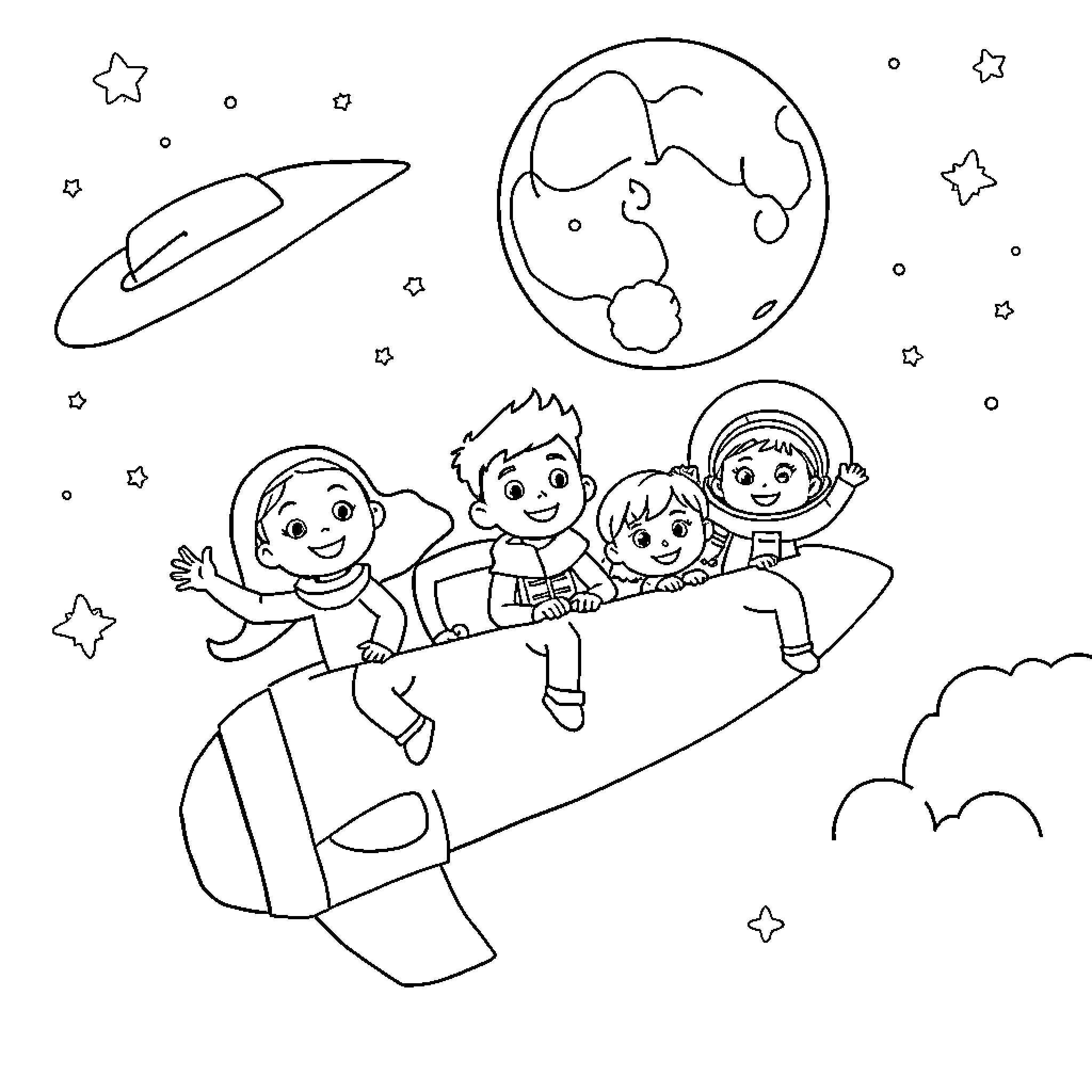 Book of Children Exploring Space on a Rocket Coloring Page (free black-and-white line drawing printable PDF for all, from beginners to advanced learners, including children, teens, adults, and seniors)