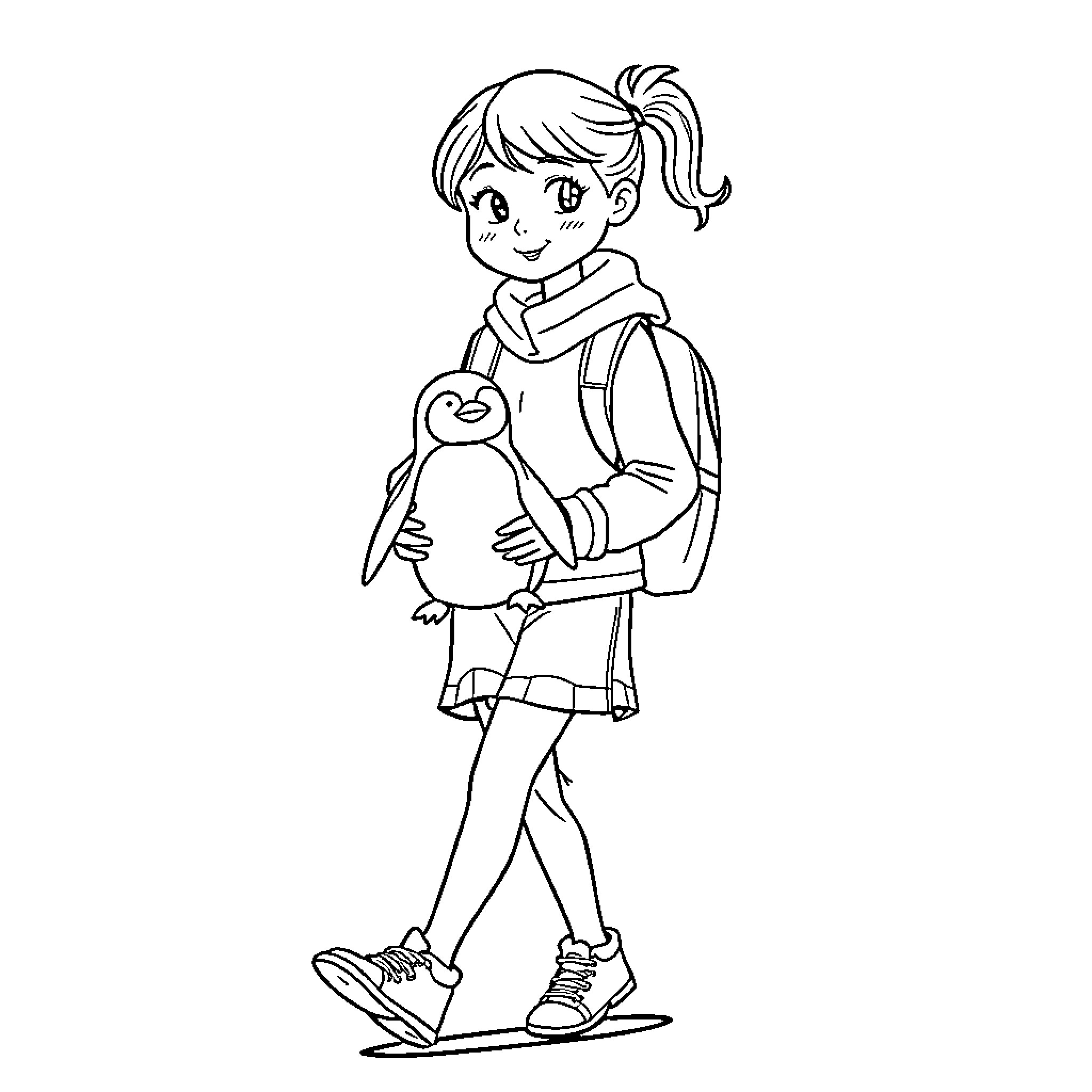 Student carrying stuffed animal in casual outfit Coloring Page (free black-and-white line drawing printable PDF for all, from beginners to advanced learners, including children, teens, adults, and seniors)