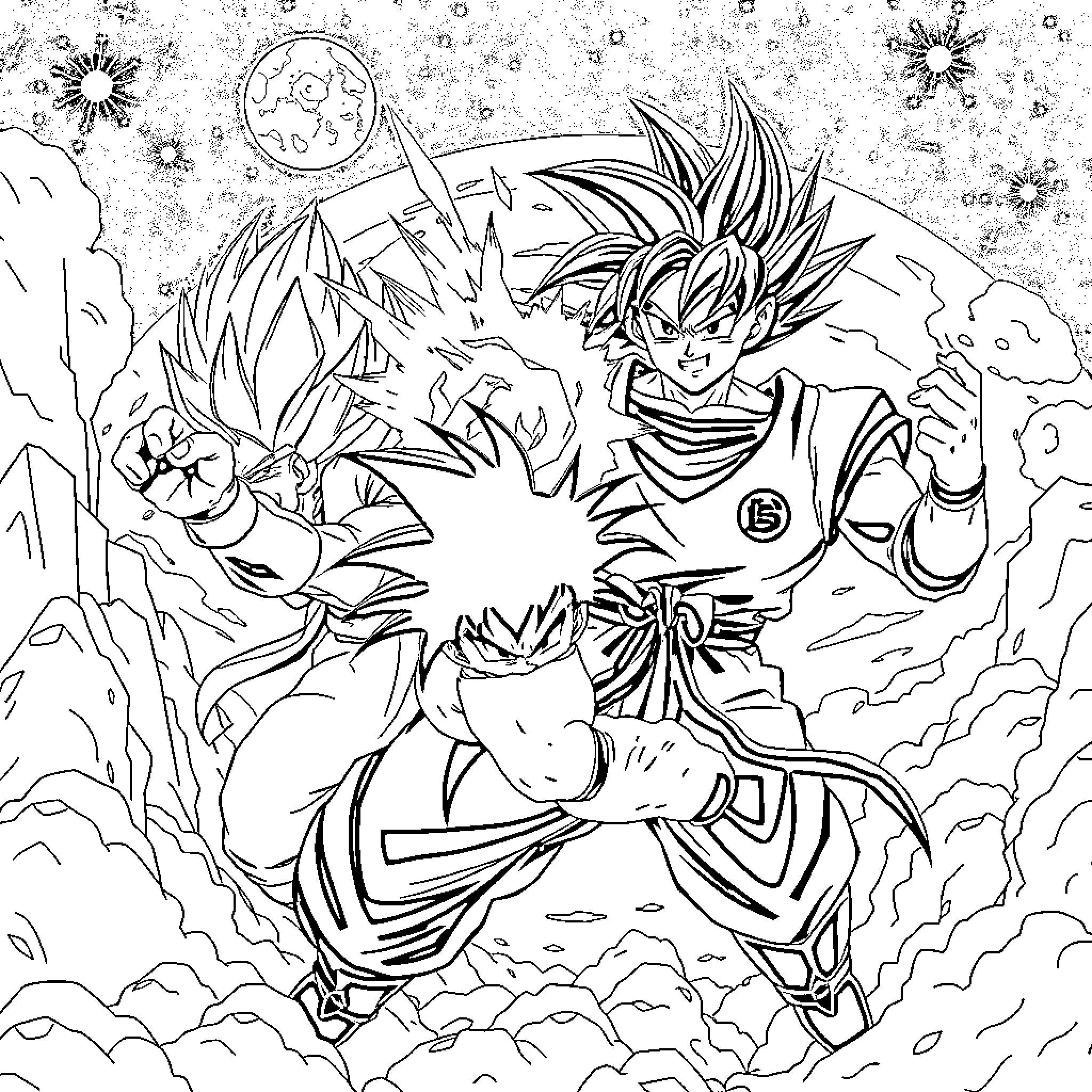 Dragon Ball Z: Fierce Battles of Heroic Fighters Coloring Page (free black-and-white line drawing printable PDF for all, from beginners to advanced learners, including children, teens, adults, and seniors)
