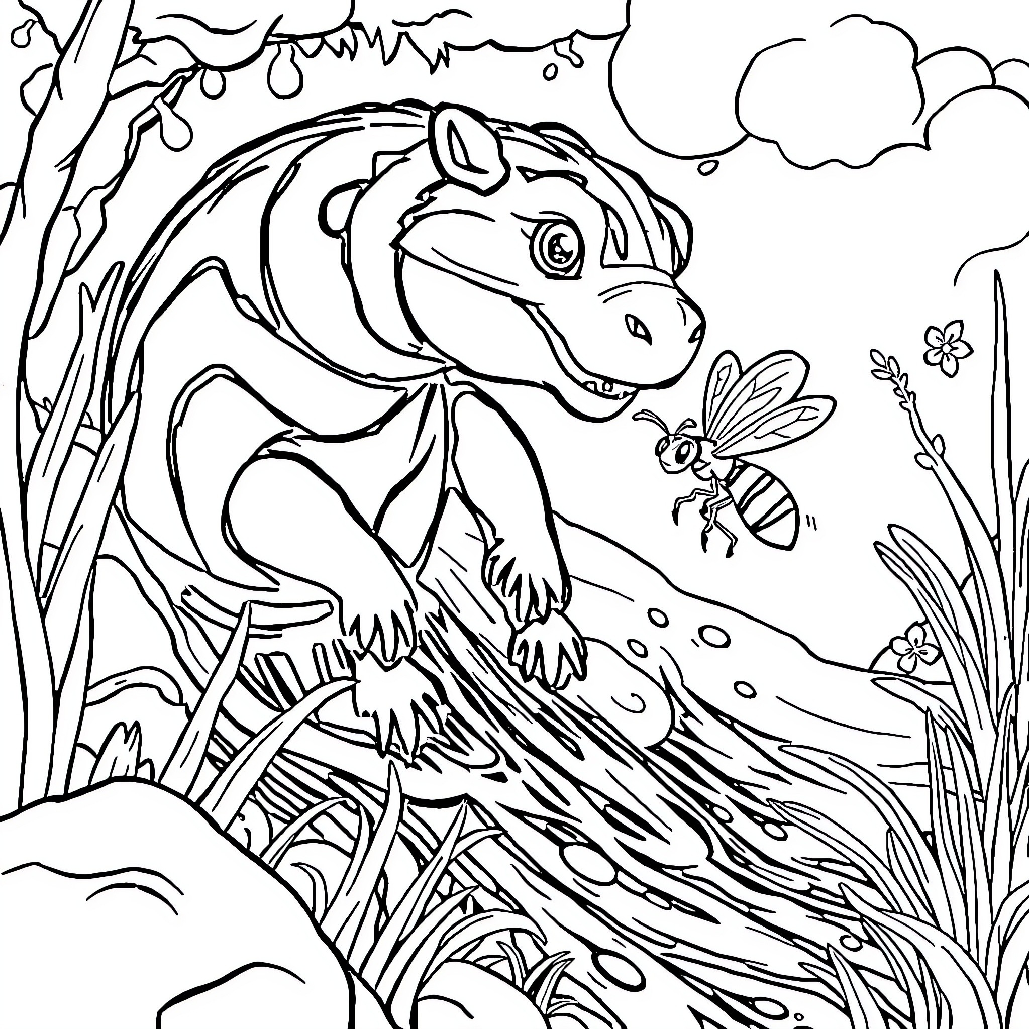 Ant exploring the whimsical forest with a bee Coloring Page (free black-and-white line drawing printable PDF for all, from beginners to advanced learners, including children, teens, adults, and seniors)