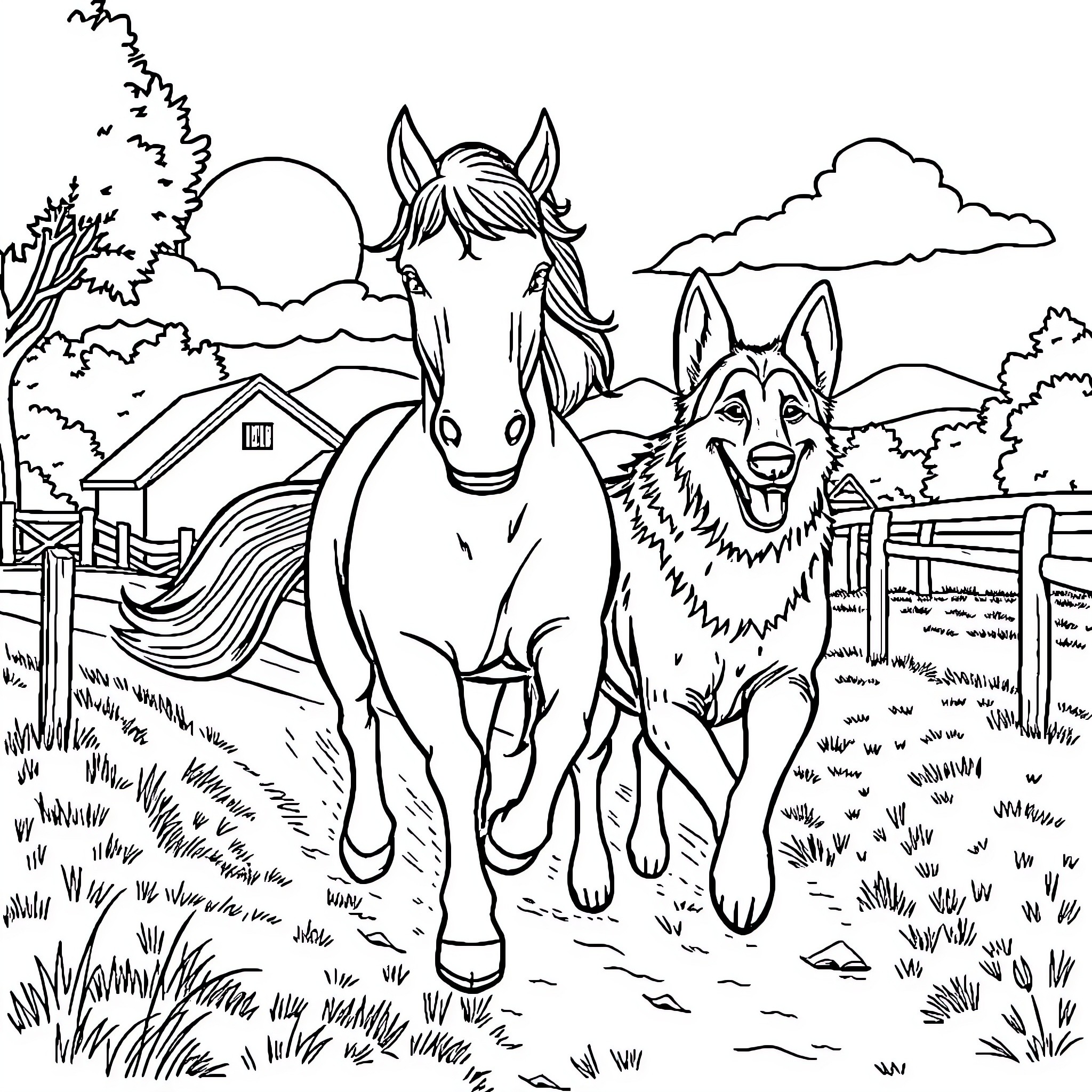 Horse and dog exploring the countryside Coloring Page (free black-and-white line drawing printable PDF for all, from beginners to advanced learners, including children, teens, adults, and seniors)