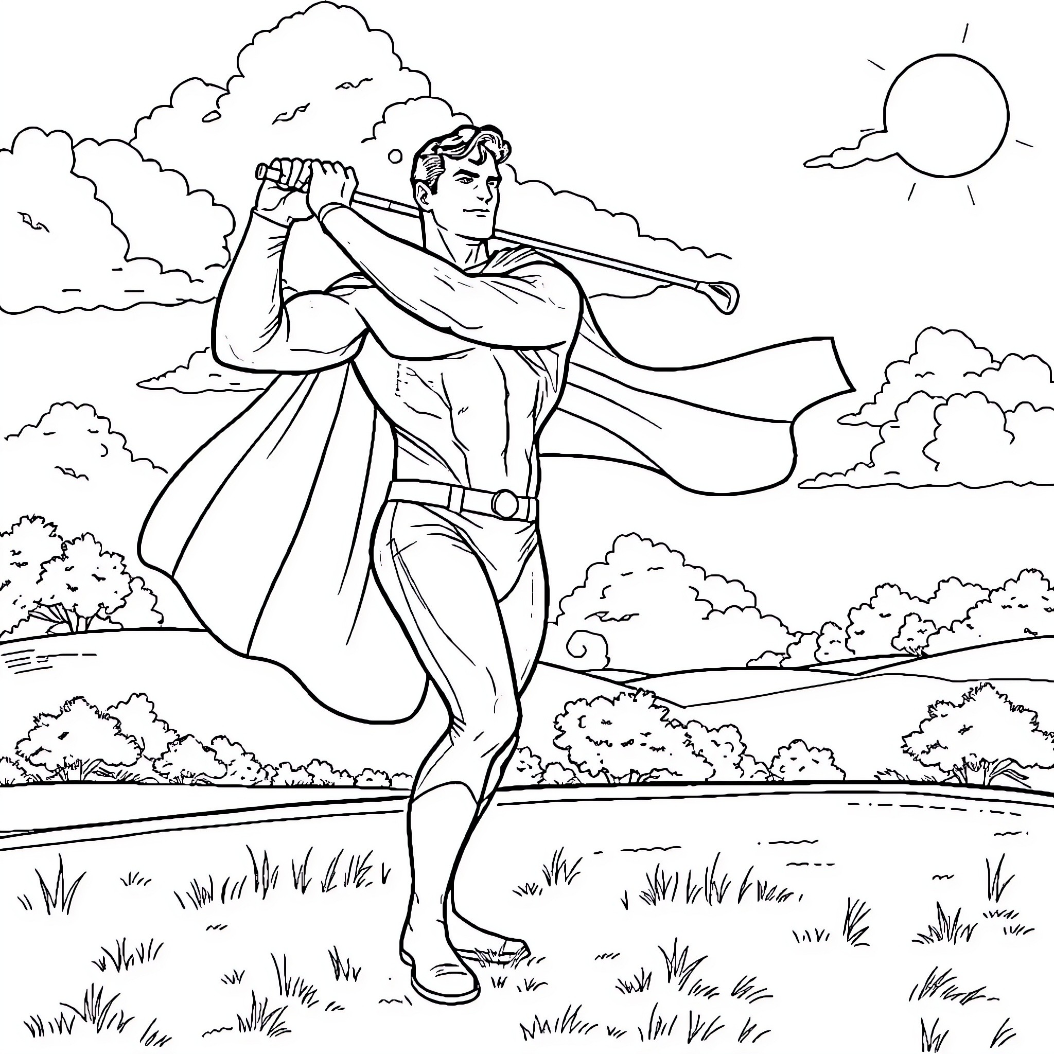 Superman heroically flying through the clouds Coloring Page (free black-and-white line drawing printable PDF for all, from beginners to advanced learners, including children, teens, adults, and seniors)