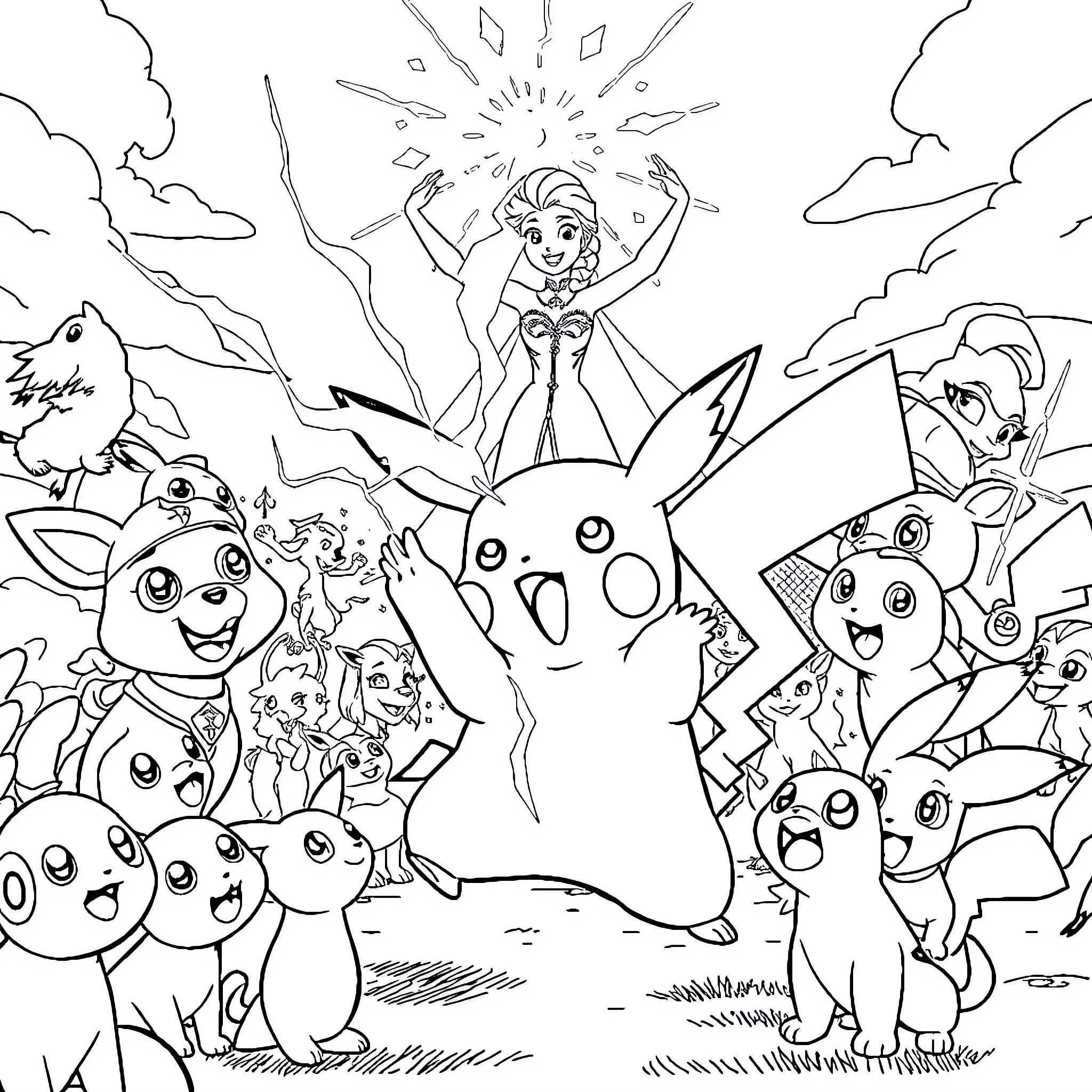 Pikachu surrounded by Pokemon friends in a magical scene Coloring Page (free black-and-white line drawing printable PDF for all, from beginners to advanced learners, including children, teens, adults, and seniors)