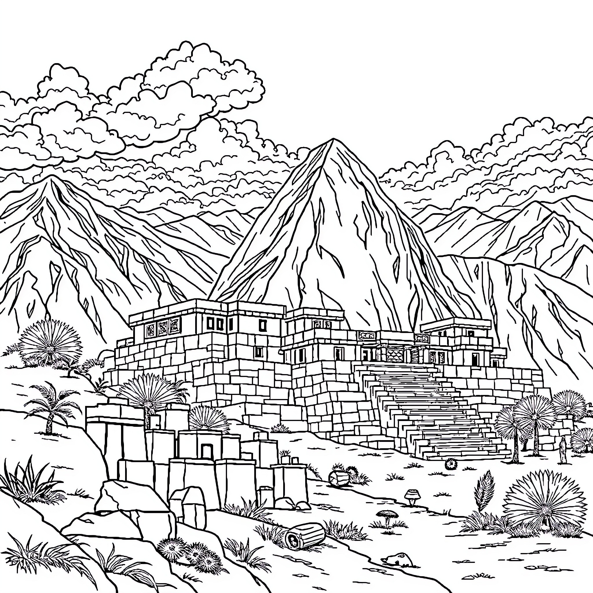 Inca Empire Settlement Amidst Majestic Mountains Coloring Page (free black-and-white line drawing printable PDF for all, from beginners to advanced learners, including children, teens, adults, and seniors)