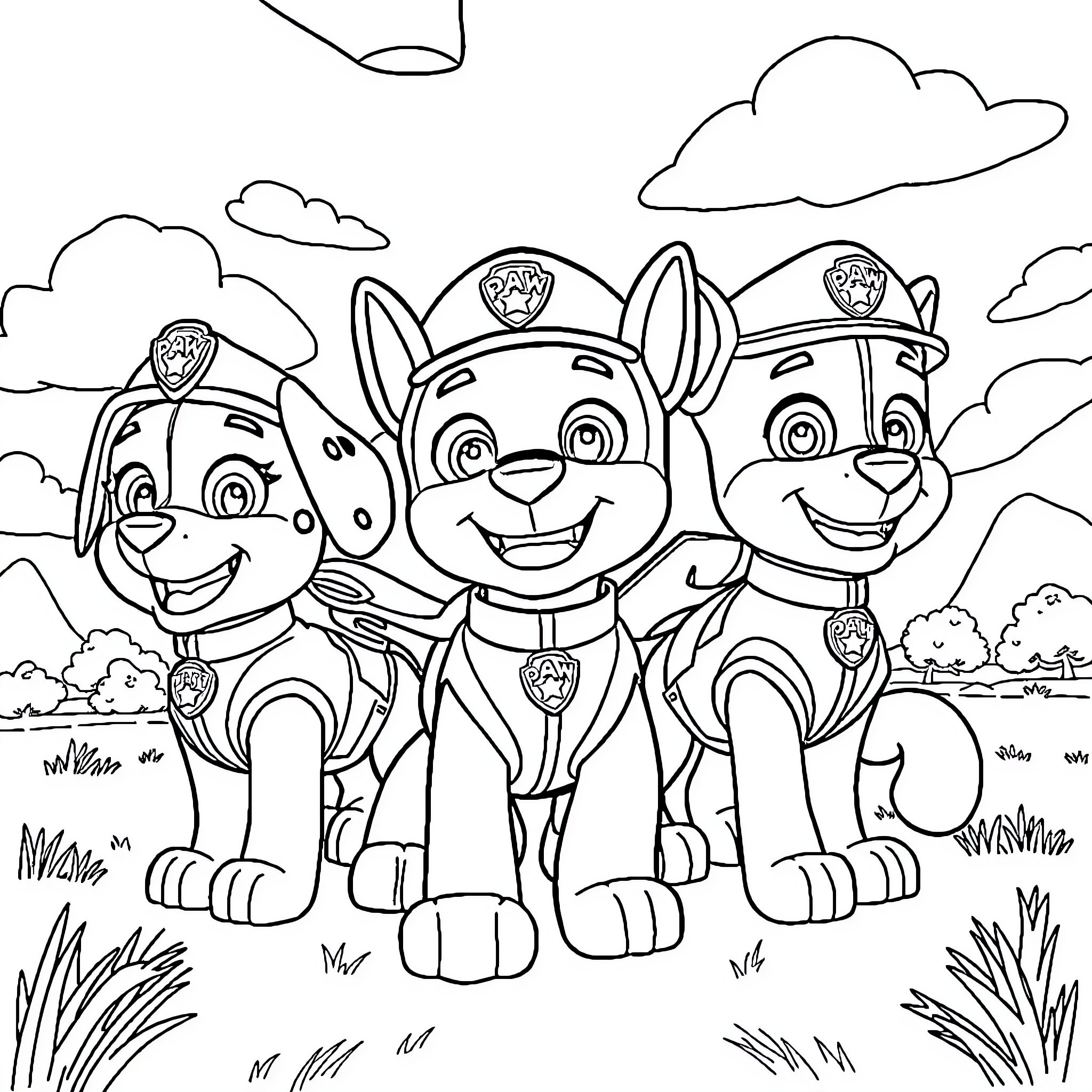 Paw Patrol heroes ready for action Coloring Page (free black-and-white line drawing printable PDF for all, from beginners to advanced learners, including children, teens, adults, and seniors)
