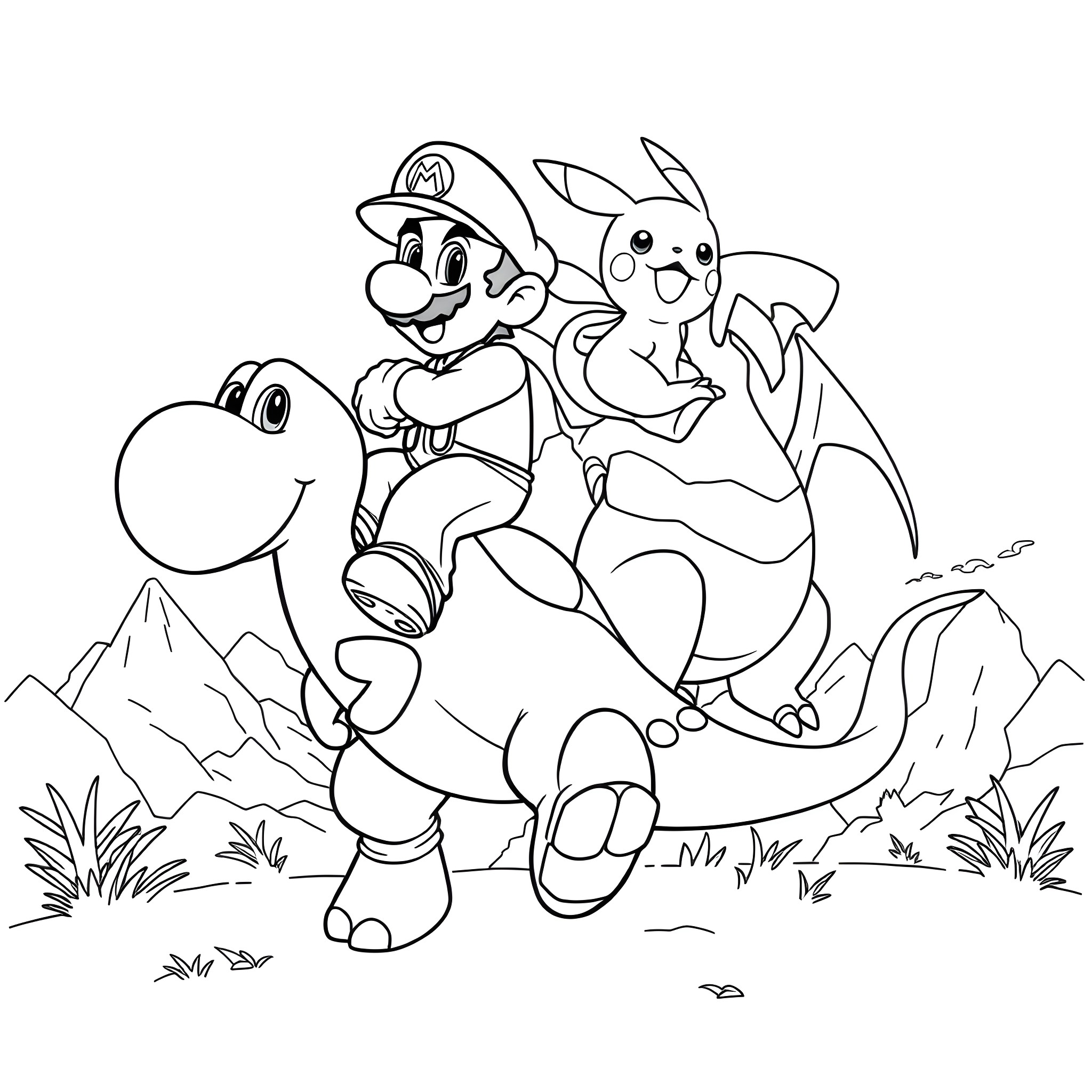 Mario riding a Yoshi with Pikachu in the mountains Coloring Page (free black-and-white line drawing printable PDF for all, from beginners to advanced learners, including children, teens, adults, and seniors)