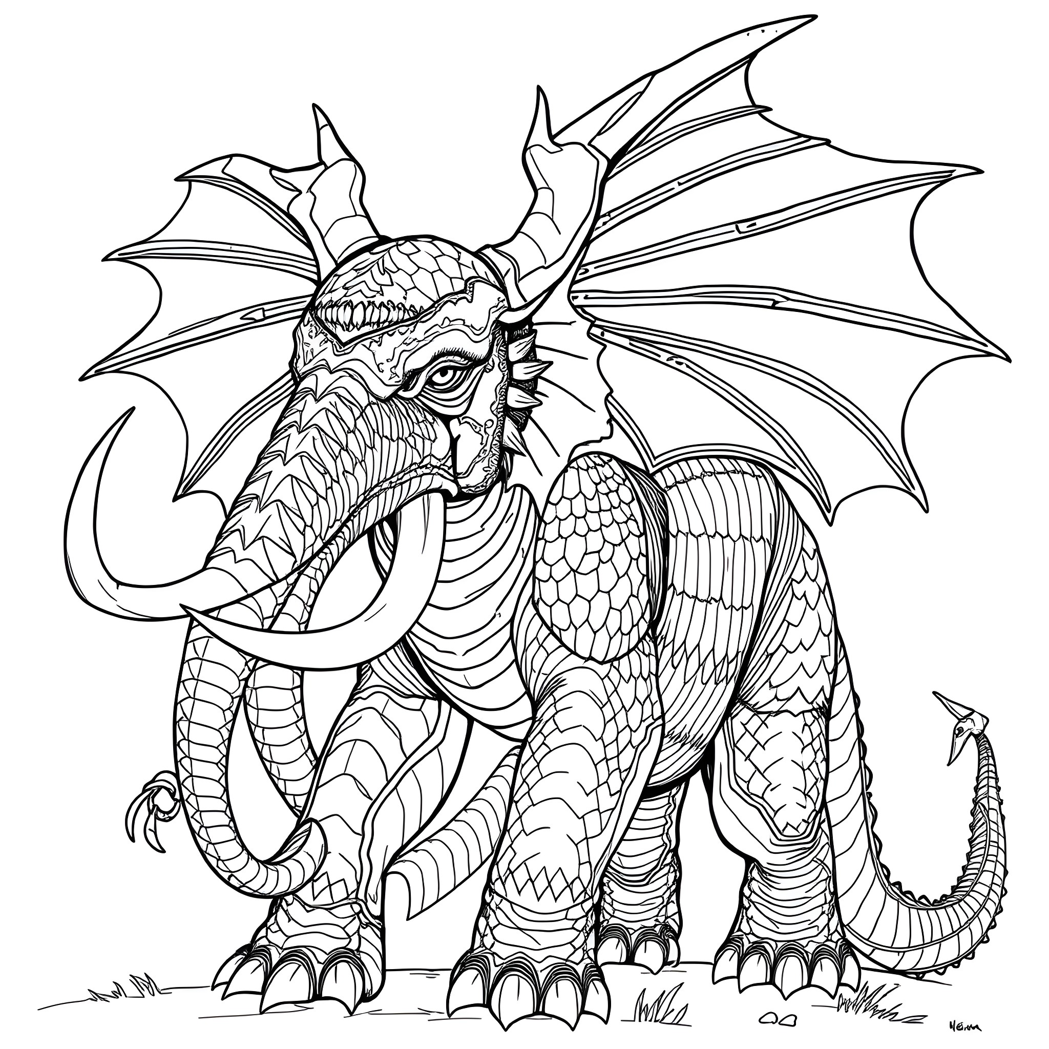 Dragon with Intricate Designs and Expressions Coloring Page (free black-and-white line drawing printable PDF for all, from beginners to advanced learners, including children, teens, adults, and seniors)