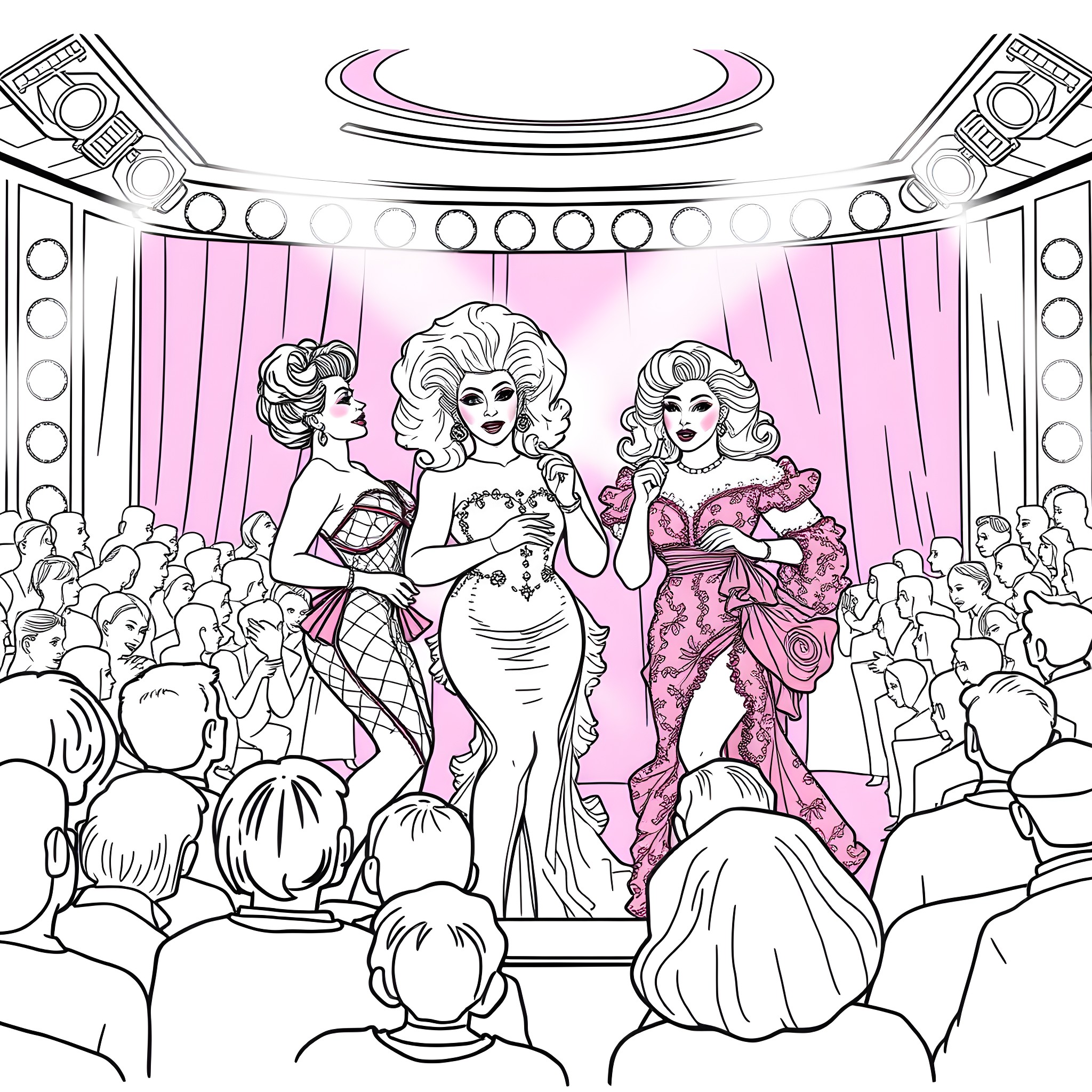 Golden Girls Glamour Show on Stage Coloring Page (free black-and-white line drawing printable PDF for all, from beginners to advanced learners, including children, teens, adults, and seniors)