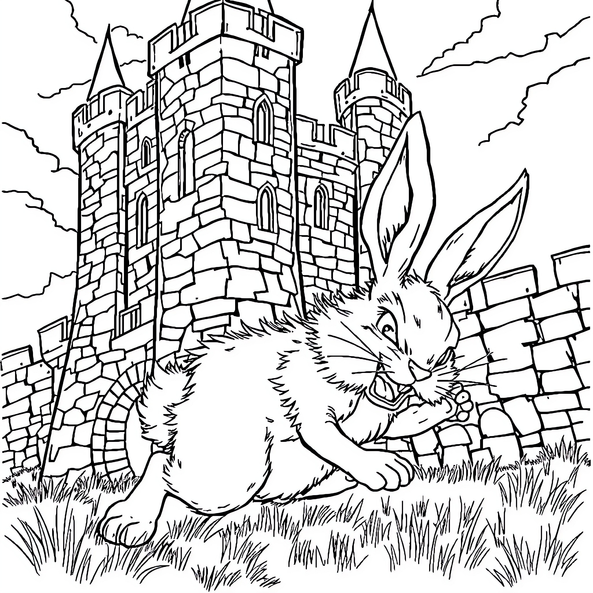 Bunny exploring the castle grounds Coloring Page (free black-and-white line drawing printable PDF for all, from beginners to advanced learners, including children, teens, adults, and seniors)
