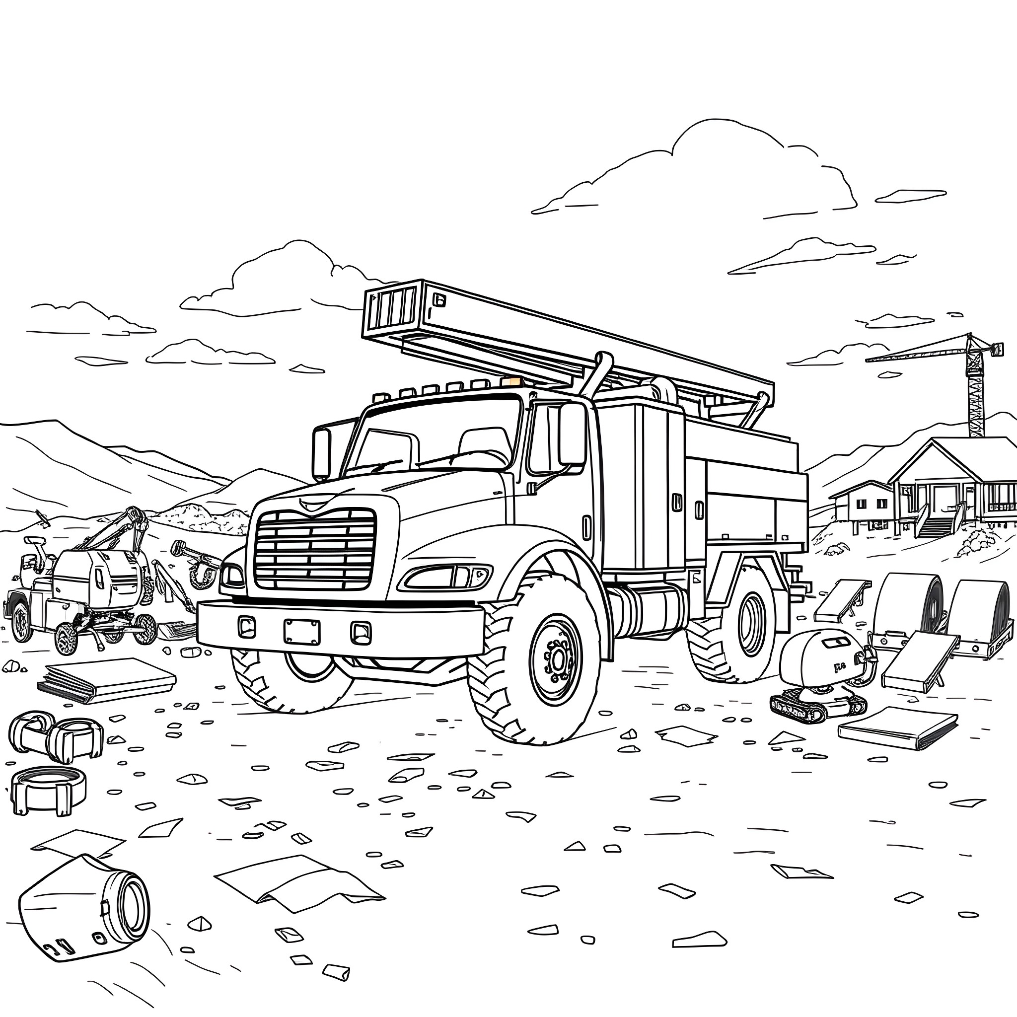 Utility Truck Transporting Materials on Construction Site Coloring Page (free black-and-white line drawing printable PDF for all, from beginners to advanced learners, including children, teens, adults, and seniors)