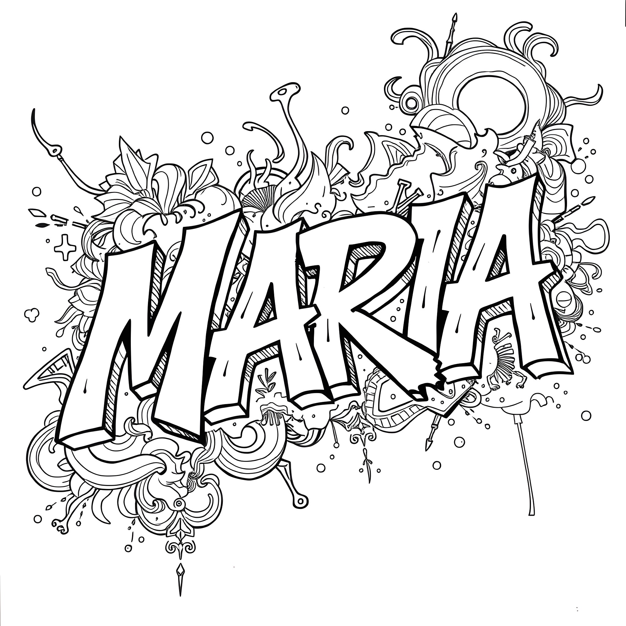 Maria's Whimsical and Vibrant Illustration Coloring Page (free black-and-white line drawing printable PDF for all, from beginners to advanced learners, including children, teens, adults, and seniors)