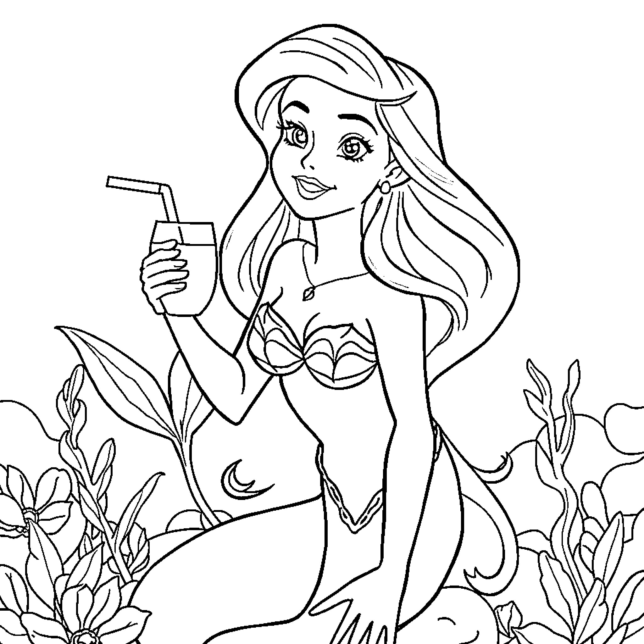 Ariel enjoying a refreshing drink in the ocean Coloring Page (free black-and-white line drawing printable PDF for all, from beginners to advanced learners, including children, teens, adults, and seniors)