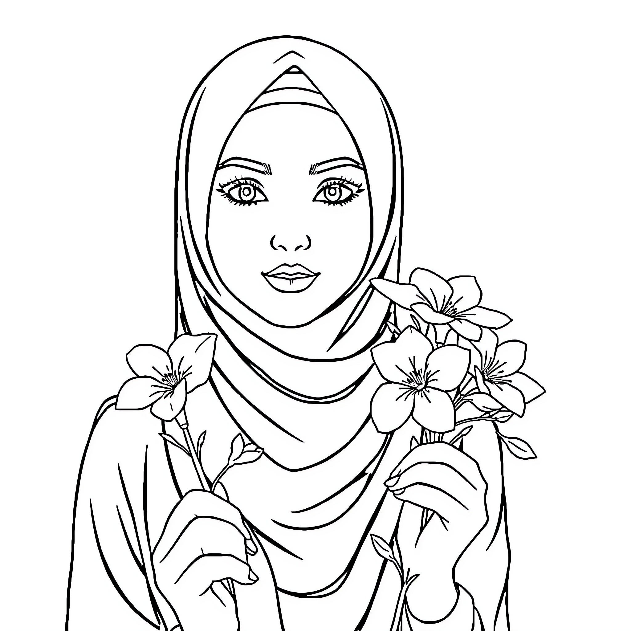 Woman in hijab holding delicate flowers Coloring Page (free black-and-white line drawing printable PDF for all, from beginners to advanced learners, including children, teens, adults, and seniors)