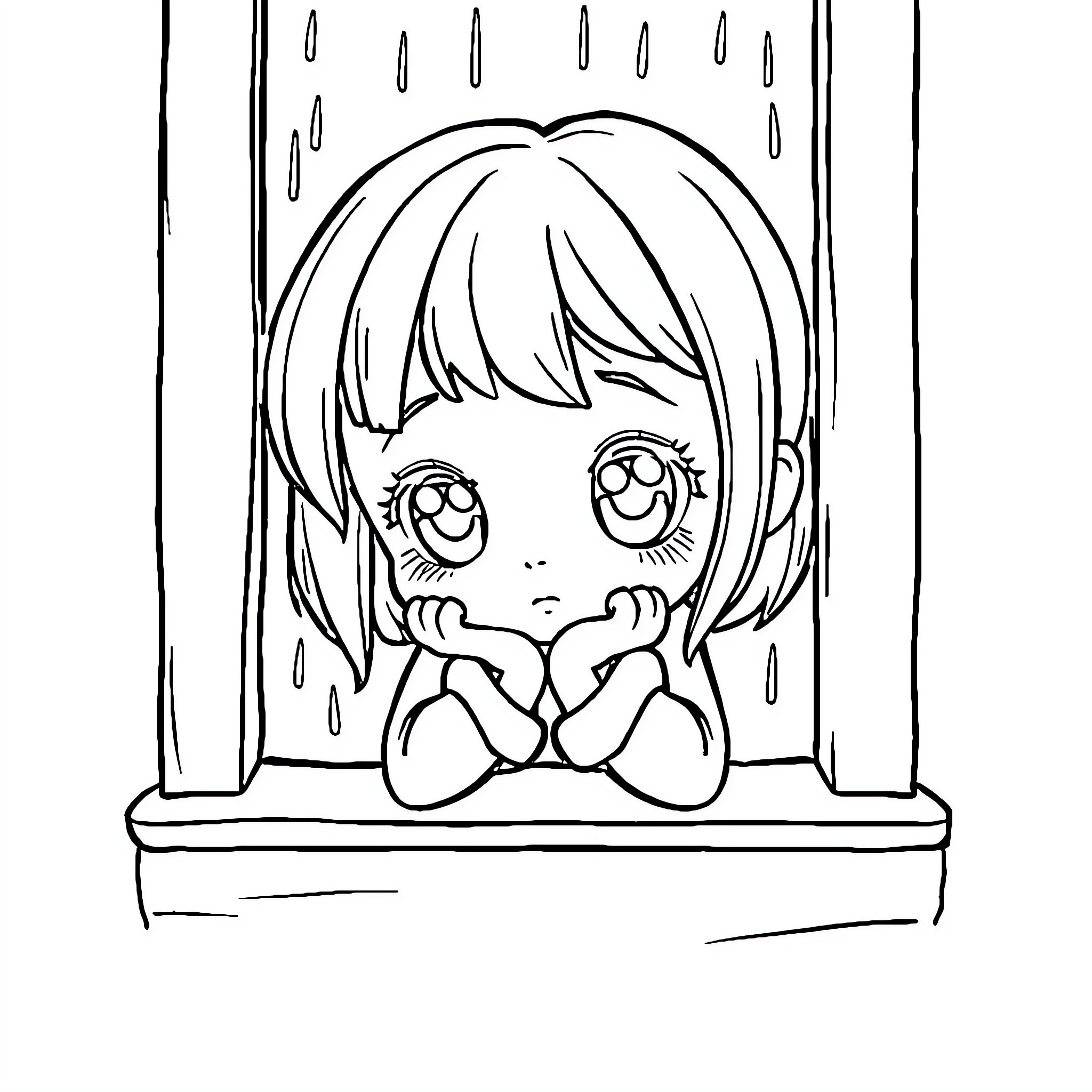 Girl looking sad and lonely in rainy window Coloring Page (free black-and-white line drawing printable PDF for all, from beginners to advanced learners, including children, teens, adults, and seniors)