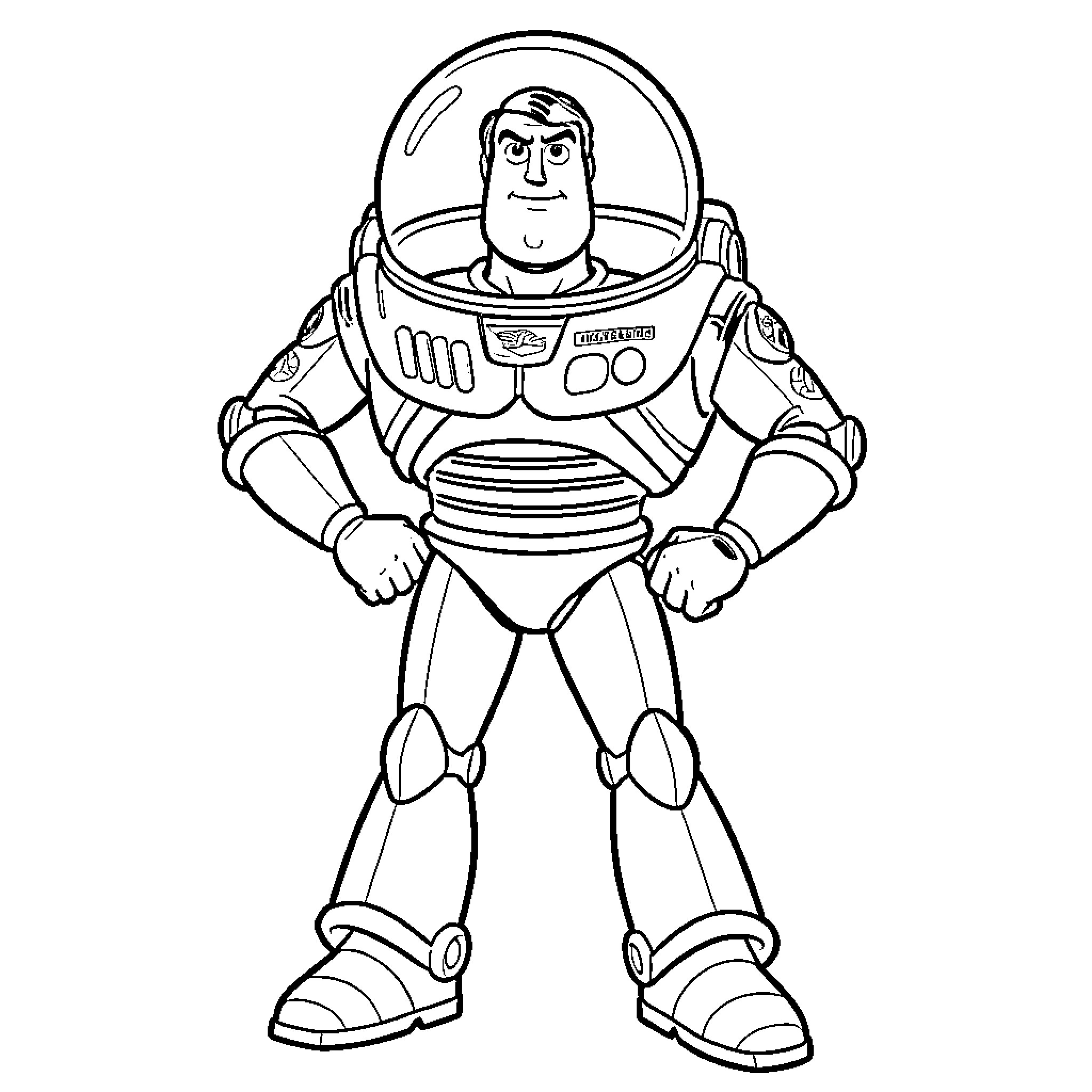 Buzz Lightyear standing heroically in his space suit Coloring Page (free black-and-white line drawing printable PDF for all, from beginners to advanced learners, including children, teens, adults, and seniors)