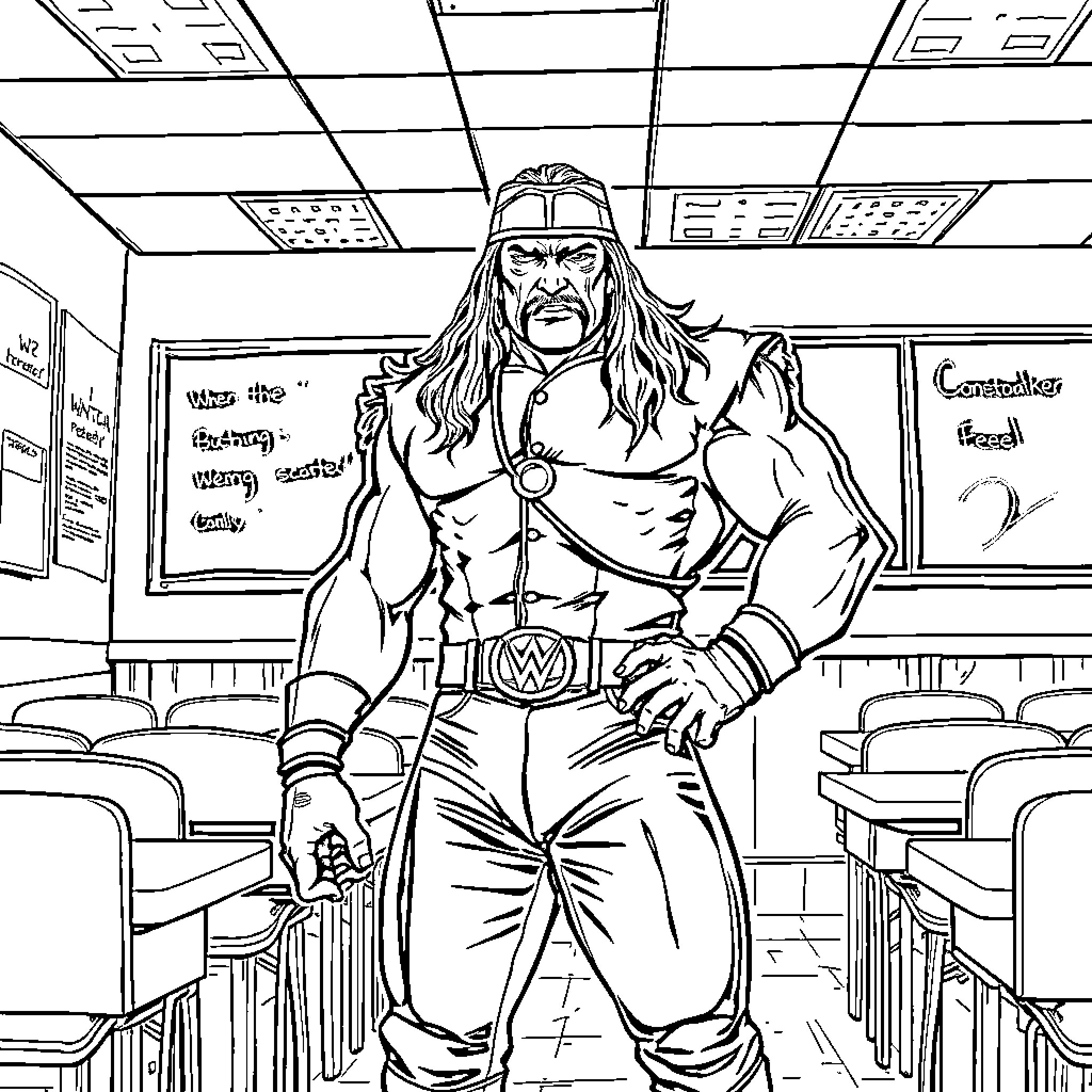 Wrestler Stands Confidently in Classroom Setting Coloring Page (free black-and-white line drawing printable PDF for all, from beginners to advanced learners, including children, teens, adults, and seniors)