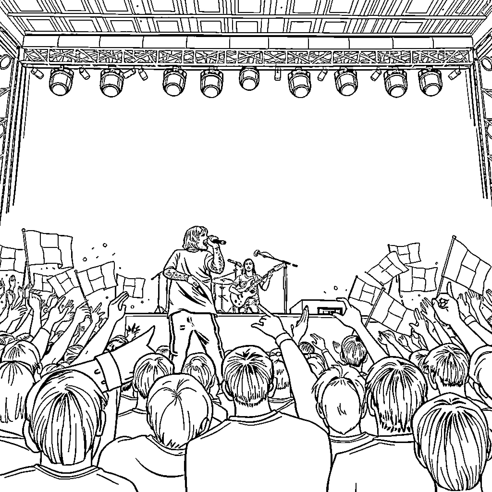 Foo Fighters performing on stage before cheering audience Coloring Page (free black-and-white line drawing printable PDF for all, from beginners to advanced learners, including children, teens, adults, and seniors)
