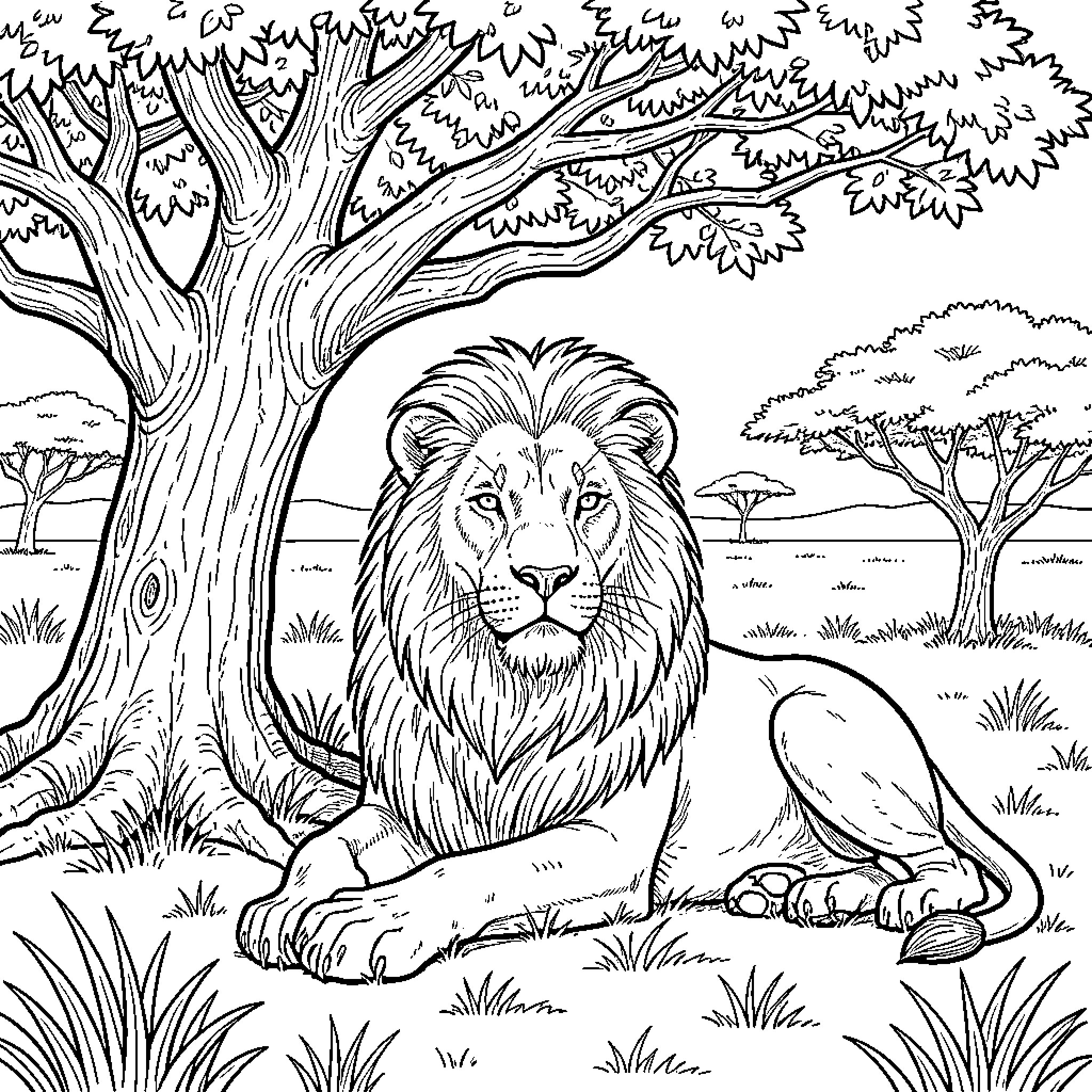 Lion resting under a towering tree Coloring Page (free black-and-white line drawing printable PDF for all, from beginners to advanced learners, including children, teens, adults, and seniors)