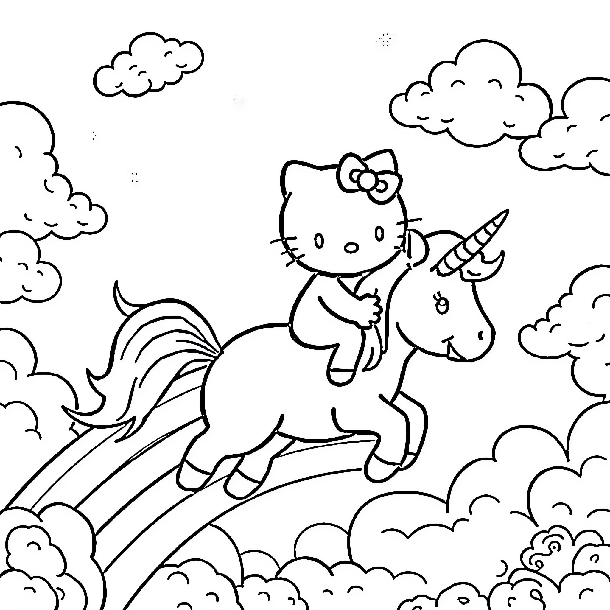 Hello Kitty riding a unicorn through clouds Coloring Page (free black-and-white line drawing printable PDF for all, from beginners to advanced learners, including children, teens, adults, and seniors)