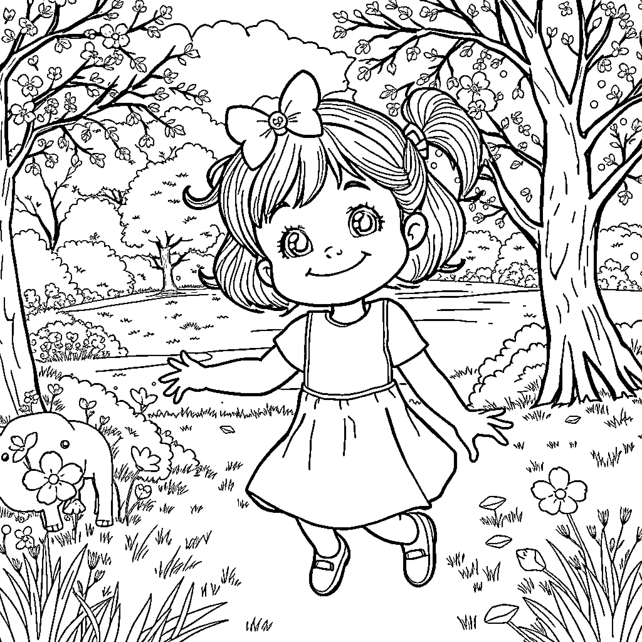 Girl exploring the enchanting forest Coloring Page (free black-and-white line drawing printable PDF for all, from beginners to advanced learners, including children, teens, adults, and seniors)