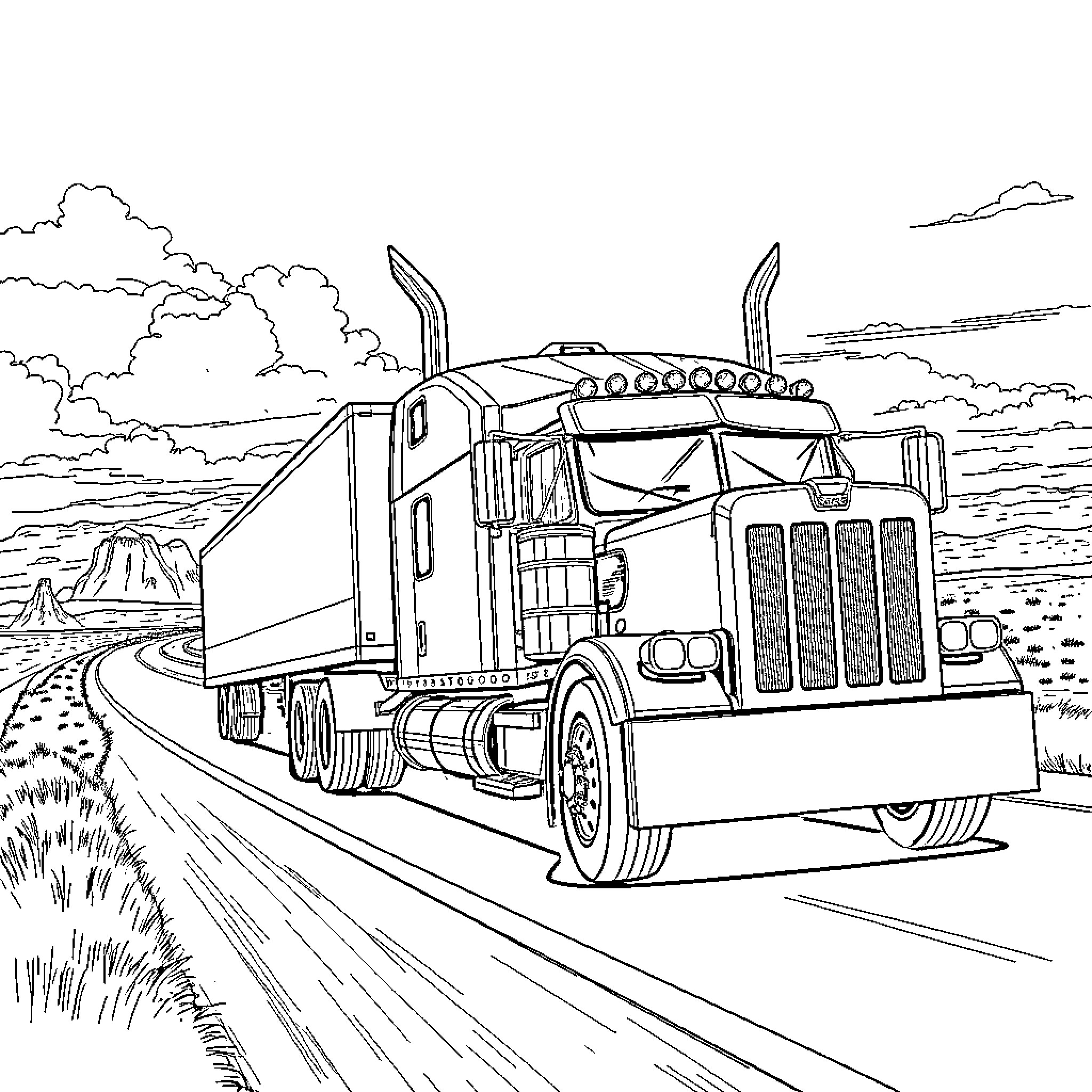 Dually Truck Hauling on the Open Road Coloring Page (free black-and-white line drawing printable PDF for all, from beginners to advanced learners, including children, teens, adults, and seniors)