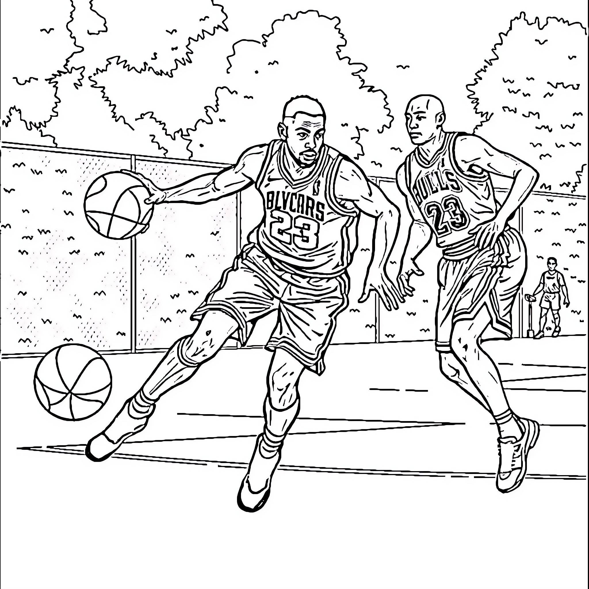Neymar Competing in Intense Basketball Game Coloring Page (free black-and-white line drawing printable PDF for all, from beginners to advanced learners, including children, teens, adults, and seniors)