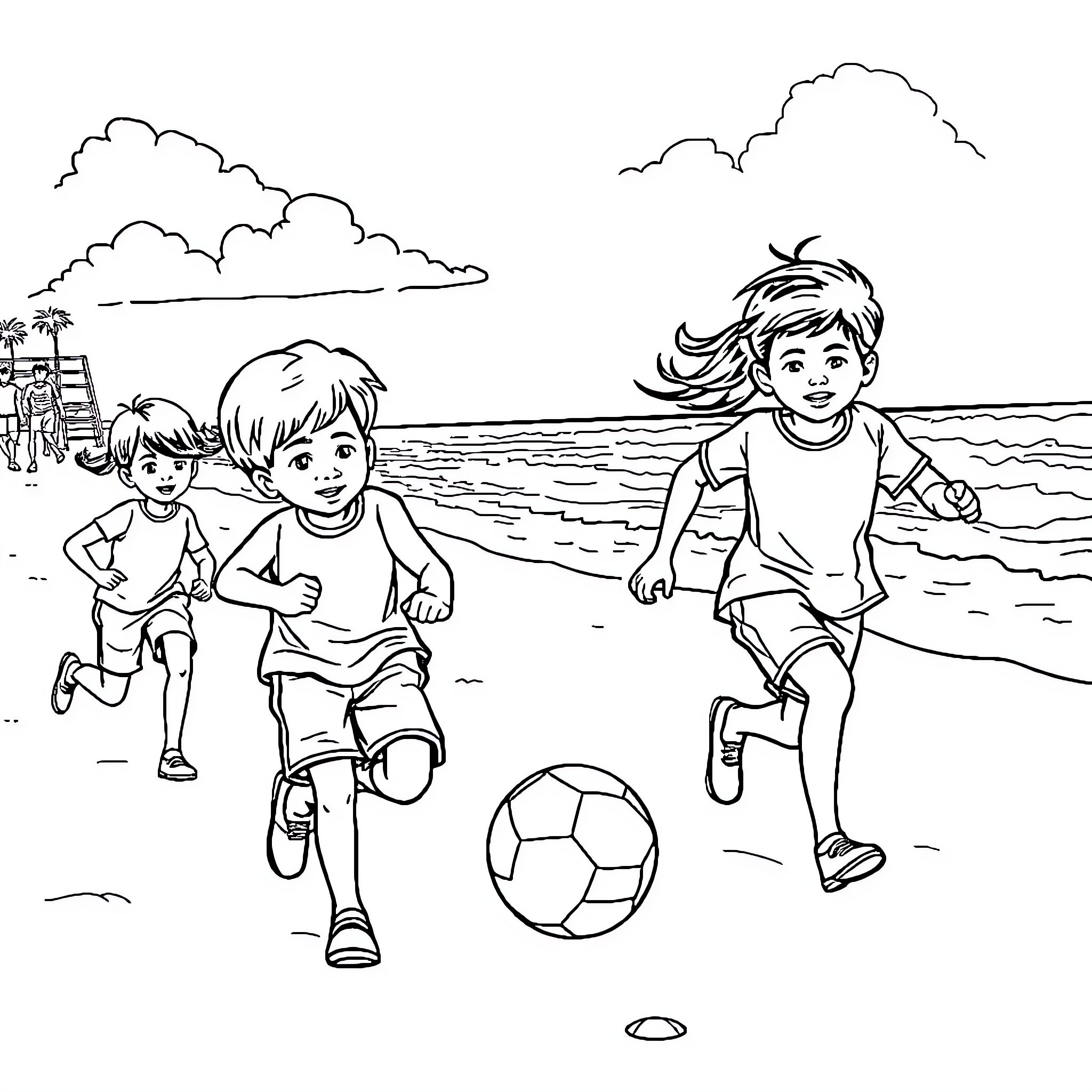 Niños playing joyfully on the beach Coloring Page (free black-and-white line drawing printable PDF for all, from beginners to advanced learners, including children, teens, adults, and seniors)