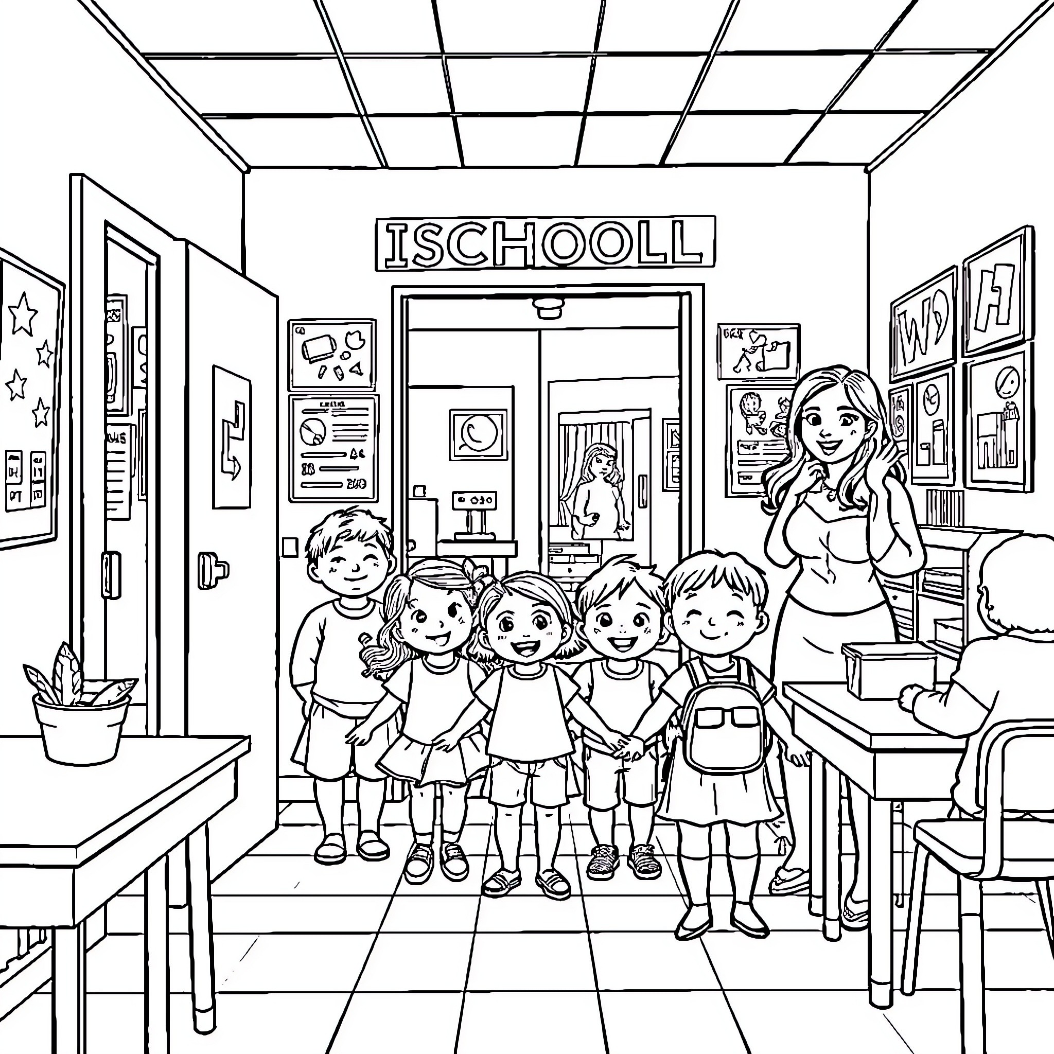 School Children Posing Happily in Classroom Coloring Page (free black-and-white line drawing printable PDF for all, from beginners to advanced learners, including children, teens, adults, and seniors)