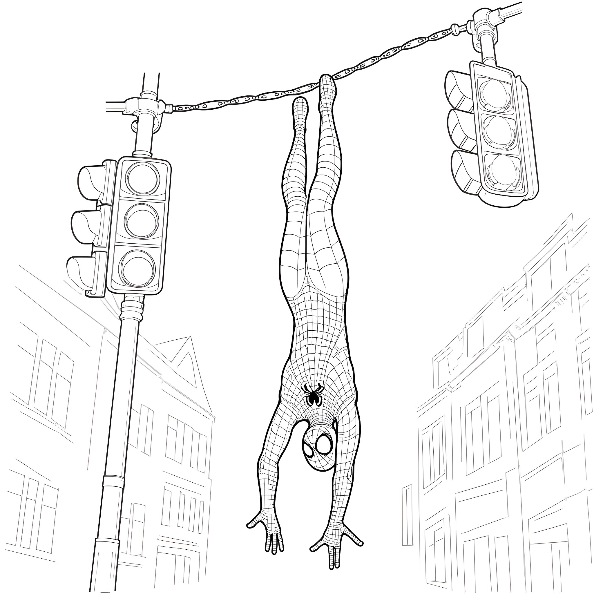 Spiderman swinging from traffic lights in the city Coloring Page (free black-and-white line drawing printable PDF for all, from beginners to advanced learners, including children, teens, adults, and seniors)