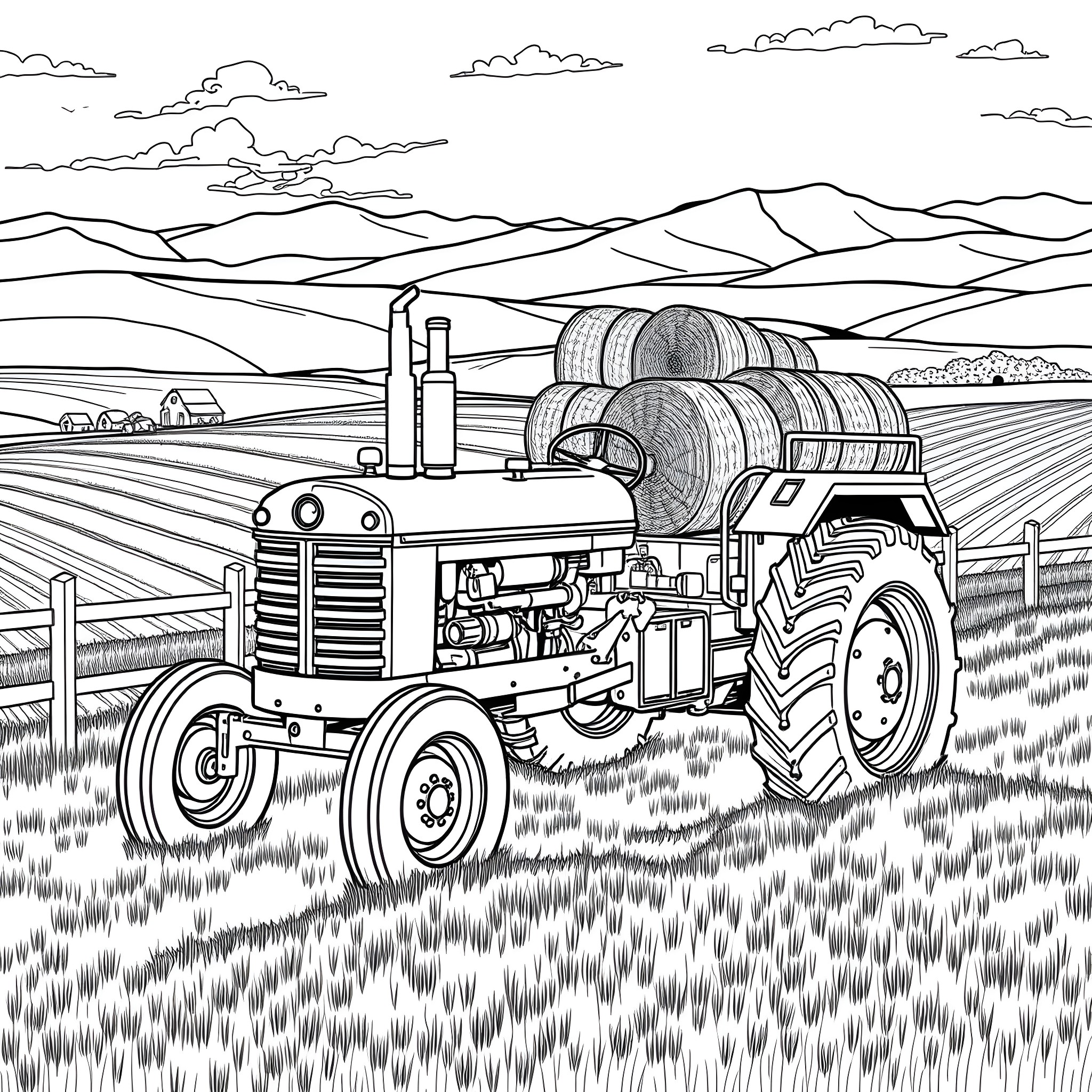 Grain Pickup Tractor in Countryside Landscape Coloring Page (free black-and-white line drawing printable PDF for all, from beginners to advanced learners, including children, teens, adults, and seniors)