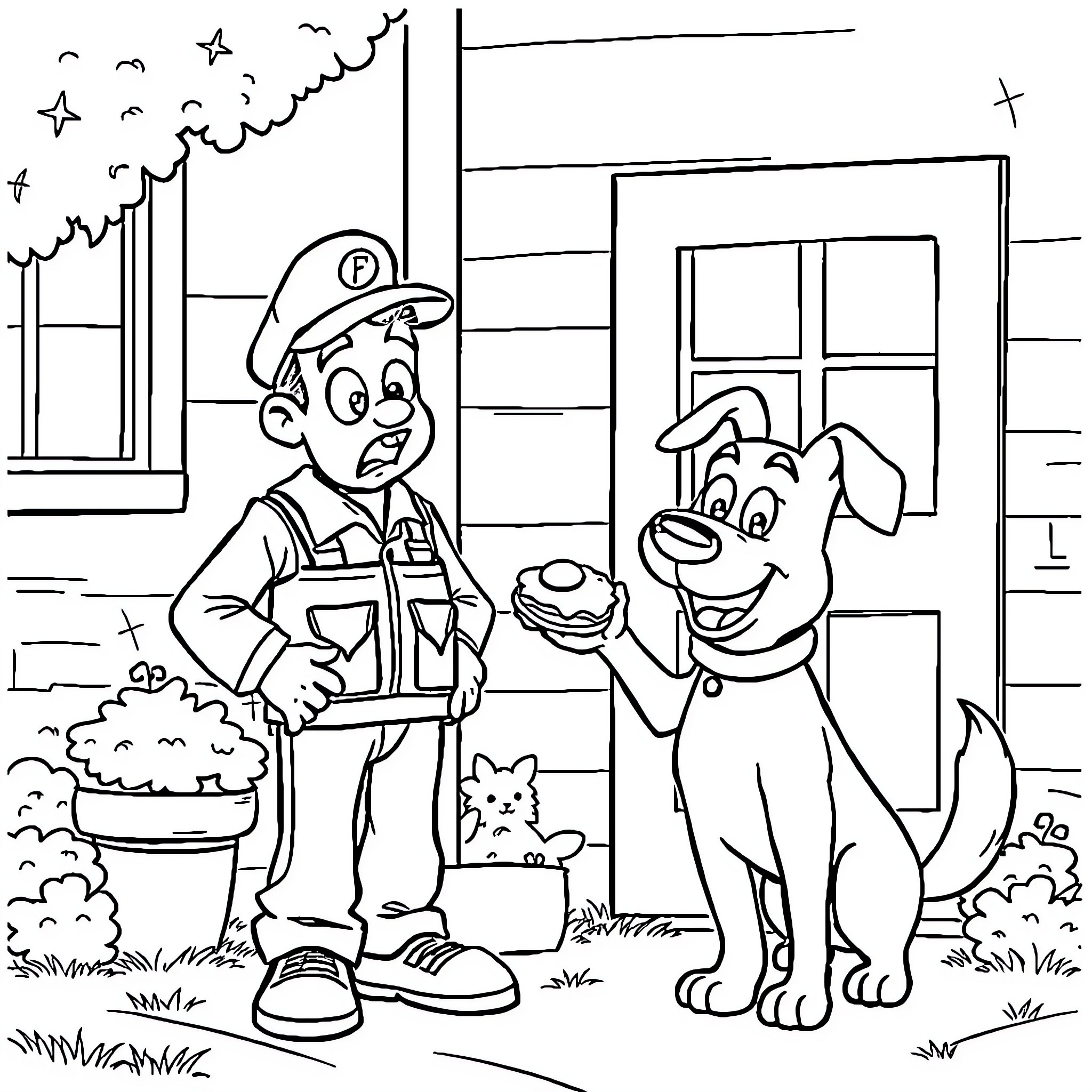 Postman and his loyal dog companion Coloring Page (free black-and-white line drawing printable PDF for all, from beginners to advanced learners, including children, teens, adults, and seniors)