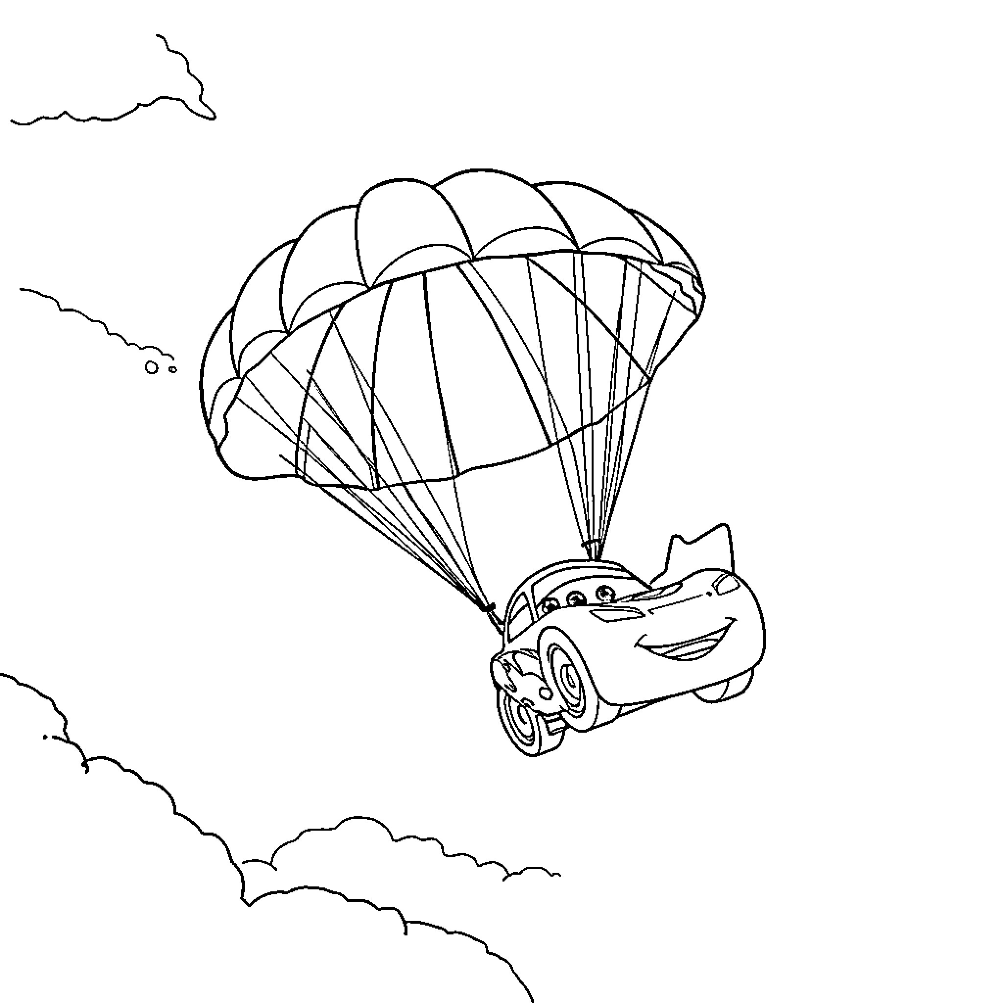 Lightning McQueen parachuting through the sky Coloring Page (free black-and-white line drawing printable PDF for all, from beginners to advanced learners, including children, teens, adults, and seniors)