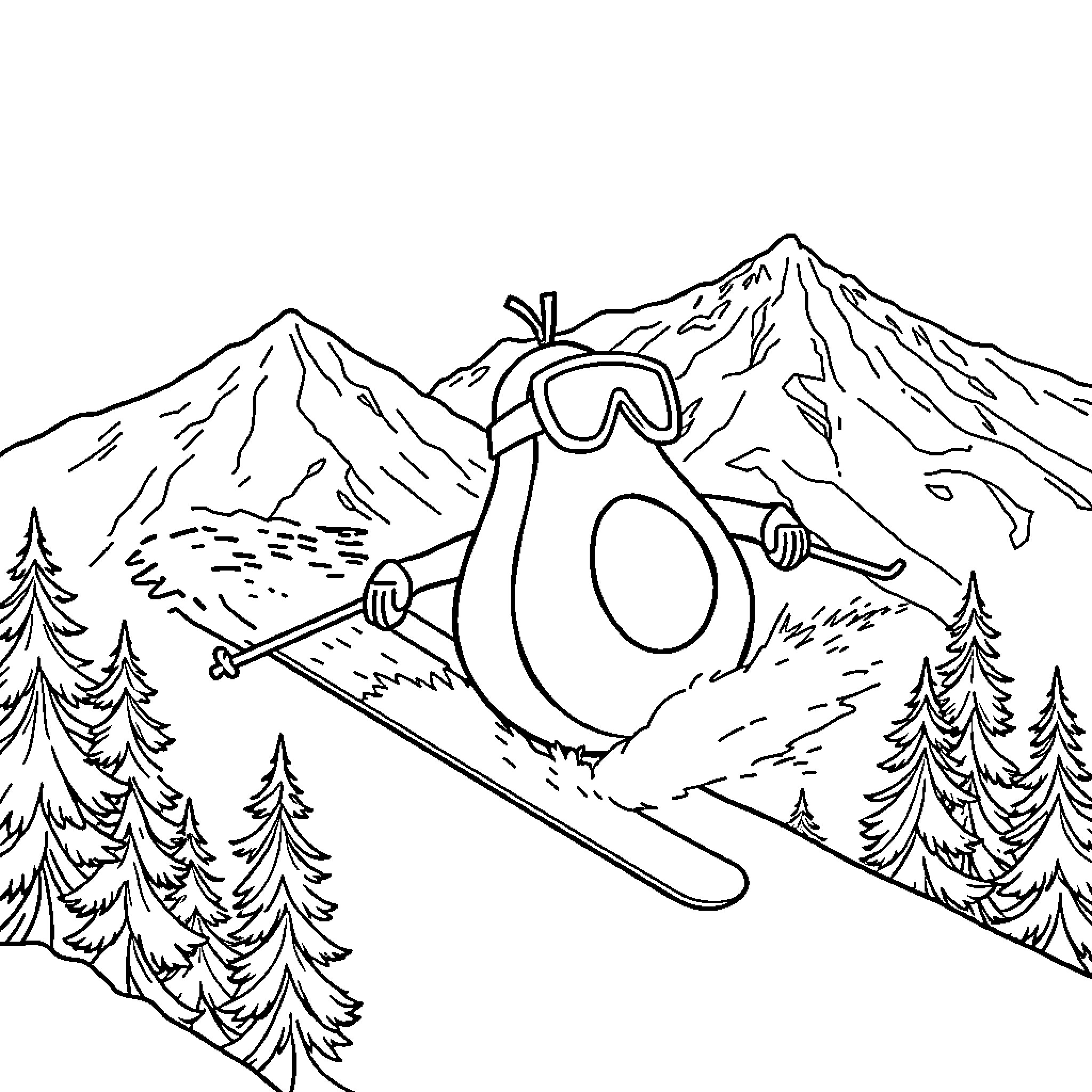 Avocado skier gliding down the snowy mountain Coloring Page (free black-and-white line drawing printable PDF for all, from beginners to advanced learners, including children, teens, adults, and seniors)