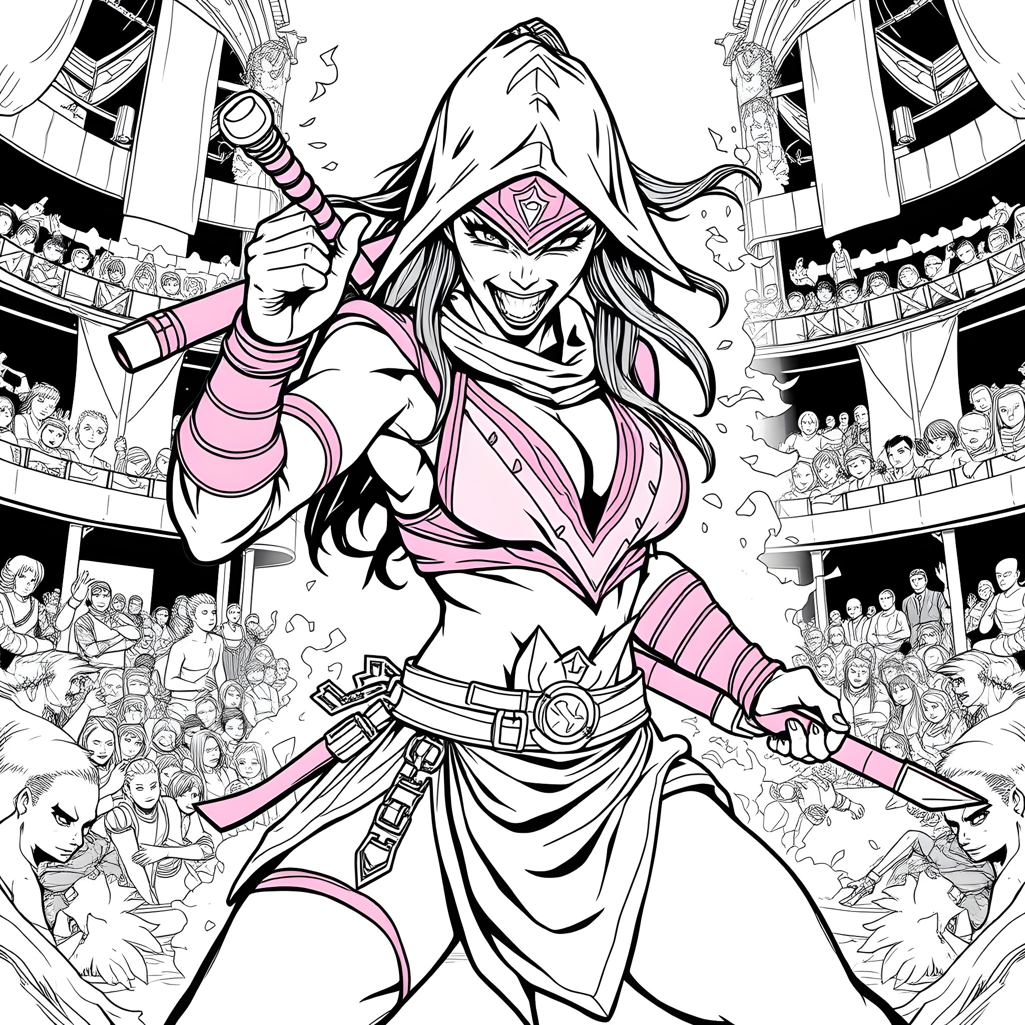 Mileena's Deadly Dance in the Arena Coloring Page (free black-and-white line drawing printable PDF for all, from beginners to advanced learners, including children, teens, adults, and seniors)