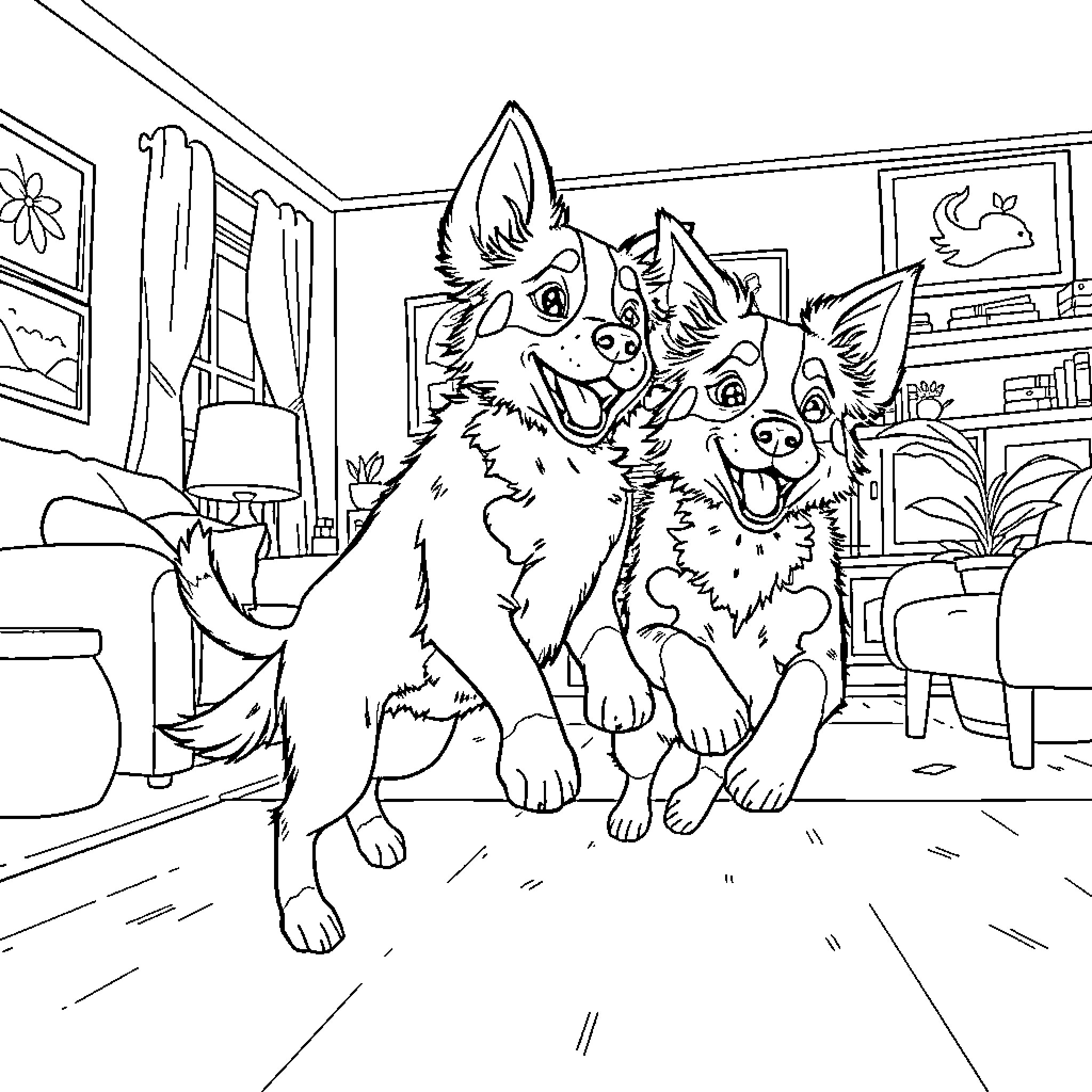 Bluey and Friends Enjoying a Cozy Home Coloring Page (free black-and-white line drawing printable PDF for all, from beginners to advanced learners, including children, teens, adults, and seniors)