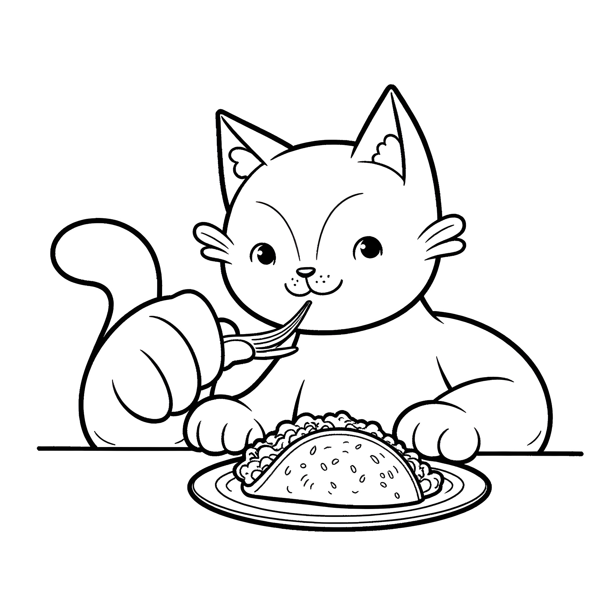 Cat admiring a delicious meal Coloring Page (free black-and-white line drawing printable PDF for all, from beginners to advanced learners, including children, teens, adults, and seniors)