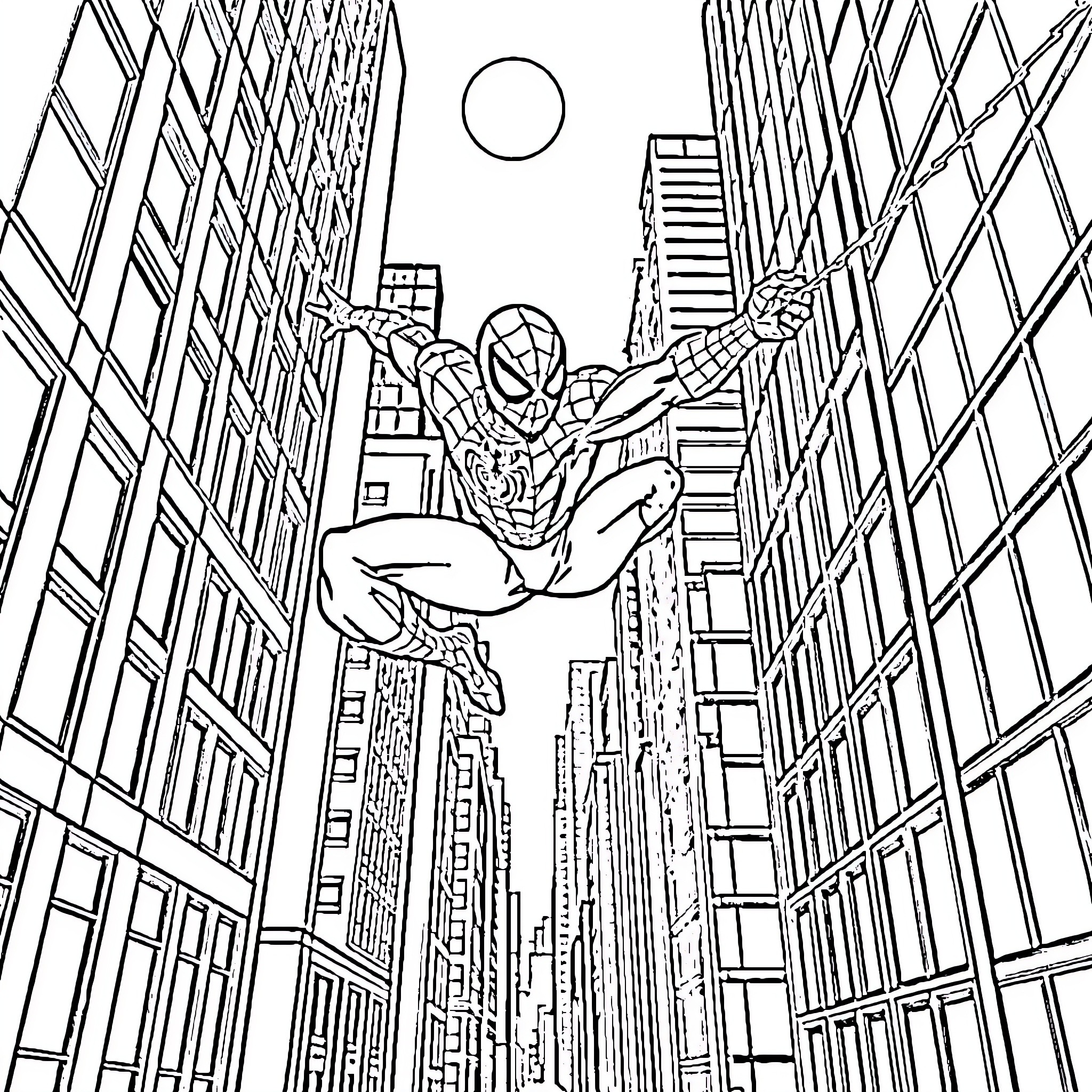 Spiderman swinging through the city skyline Coloring Page (free black-and-white line drawing printable PDF for all, from beginners to advanced learners, including children, teens, adults, and seniors)