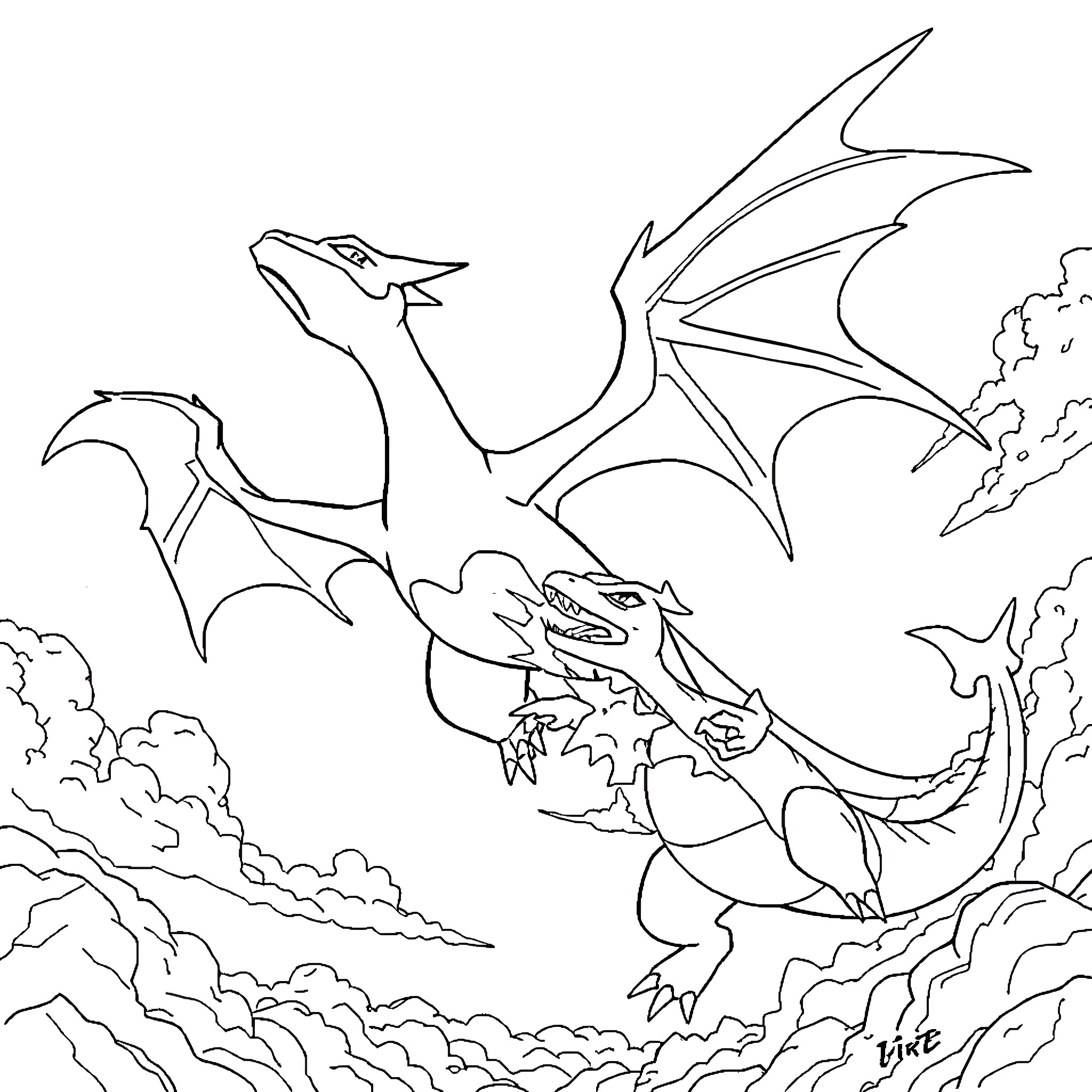 Rayquaza soaring through the cloudy skies Coloring Page (free black-and-white line drawing printable PDF for all, from beginners to advanced learners, including children, teens, adults, and seniors)