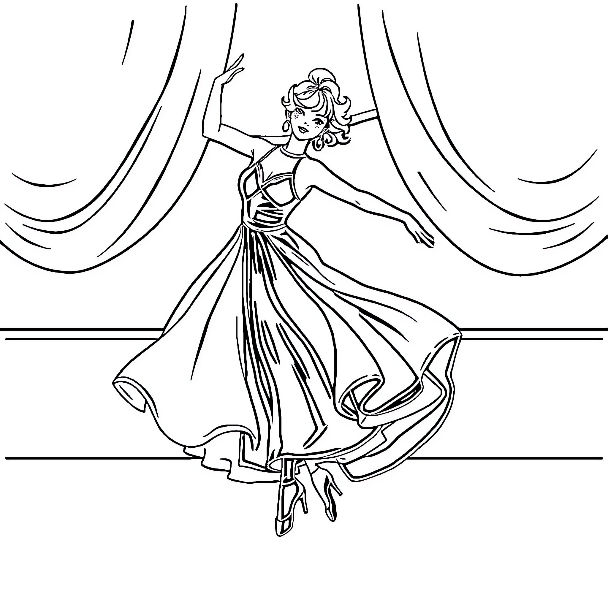 Dancer performing graceful movements on stage Coloring Page (free black-and-white line drawing printable PDF for all, from beginners to advanced learners, including children, teens, adults, and seniors)