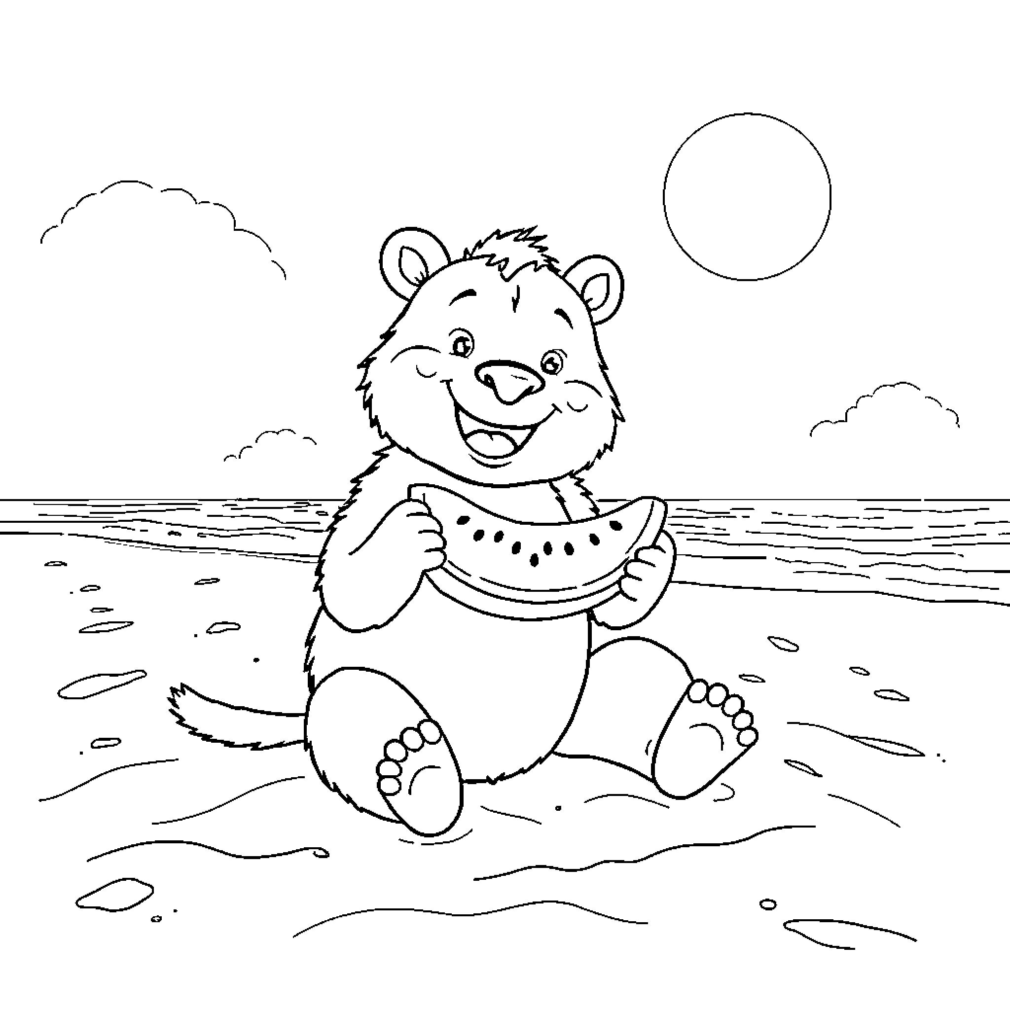 Huw the Playful Bear Enjoys Watermelon by the Beach Coloring Page (free black-and-white line drawing printable PDF for all, from beginners to advanced learners, including children, teens, adults, and seniors)