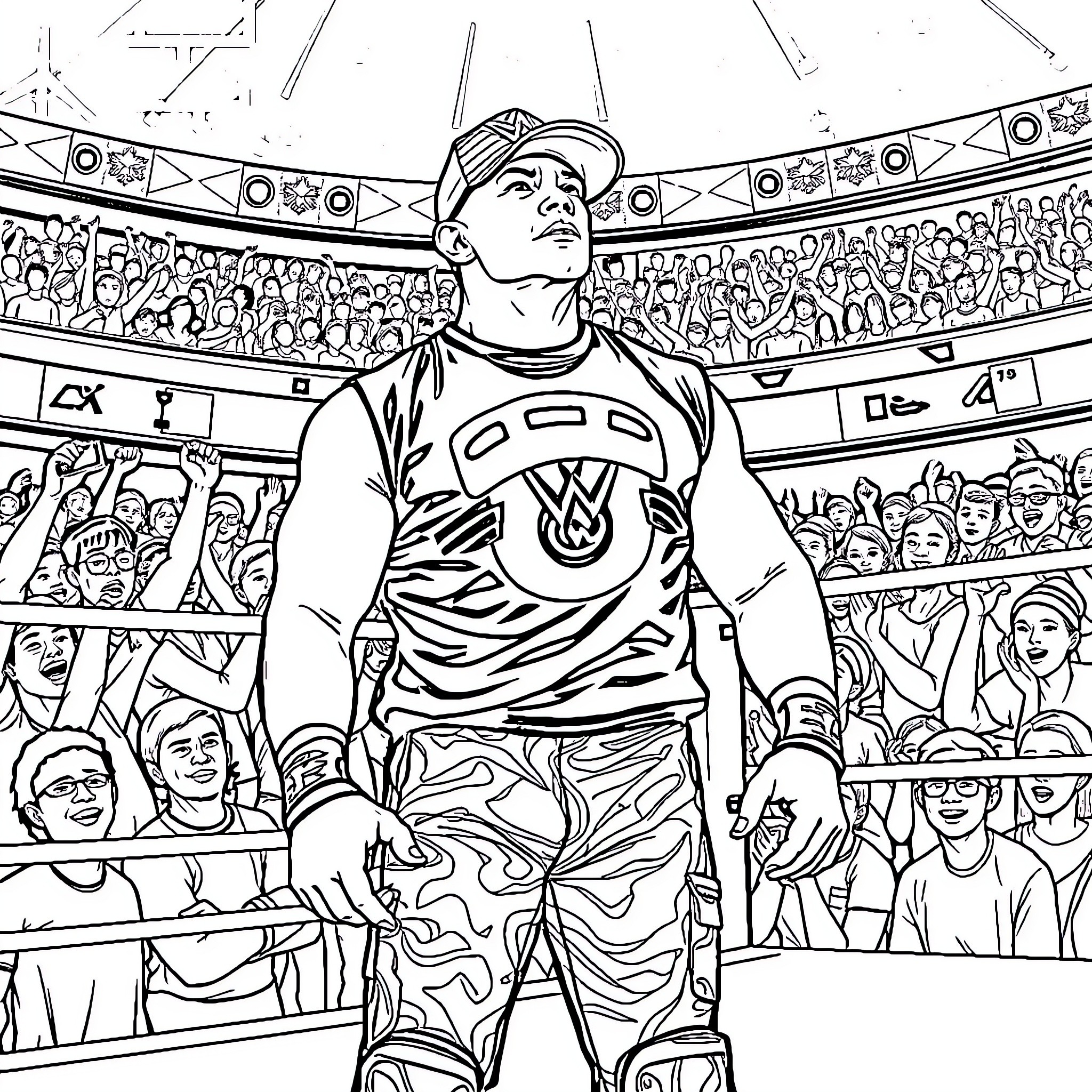 John Cena Triumphantly Celebrates Victory in Wrestling Arena Coloring Page (free black-and-white line drawing printable PDF for all, from beginners to advanced learners, including children, teens, adults, and seniors)