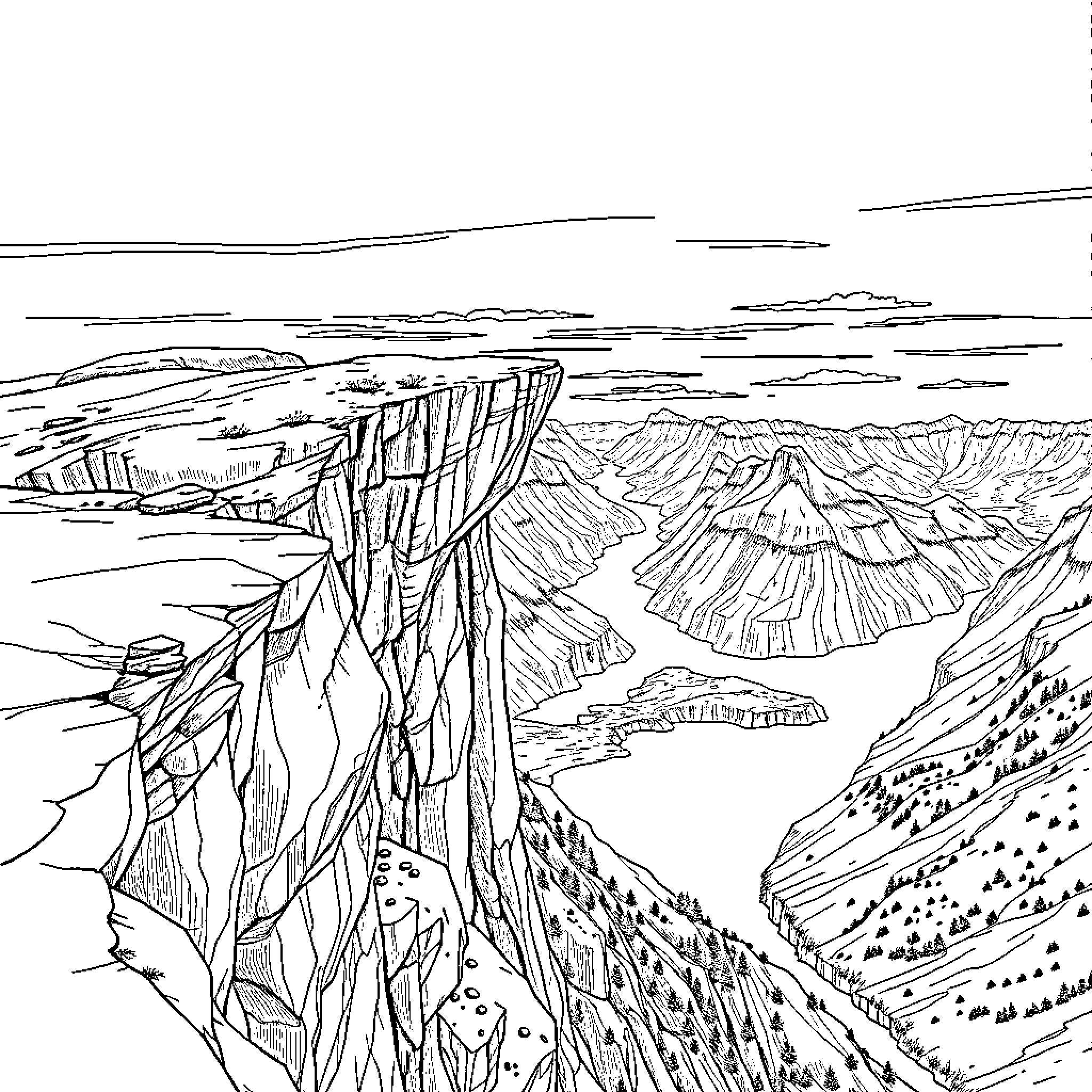 Trolltunga - Majestic Cliffs Overlooking Serene Landscape Coloring Page (free black-and-white line drawing printable PDF for all, from beginners to advanced learners, including children, teens, adults, and seniors)