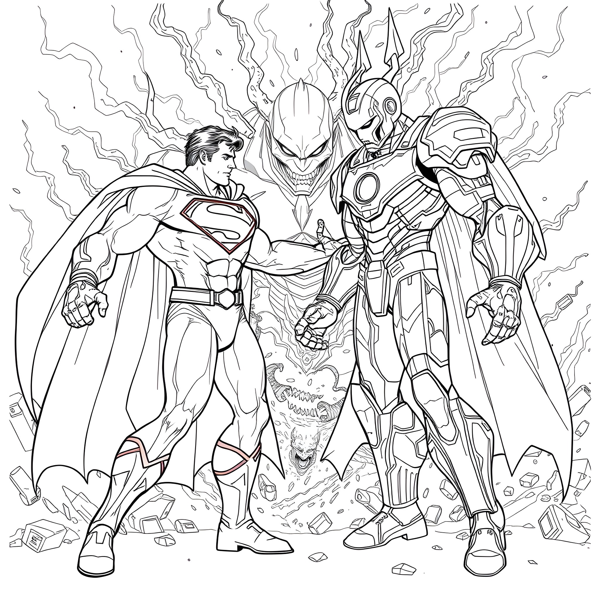 Superman facing powerful alien forces Coloring Page (free black-and-white line drawing printable PDF for all, from beginners to advanced learners, including children, teens, adults, and seniors)