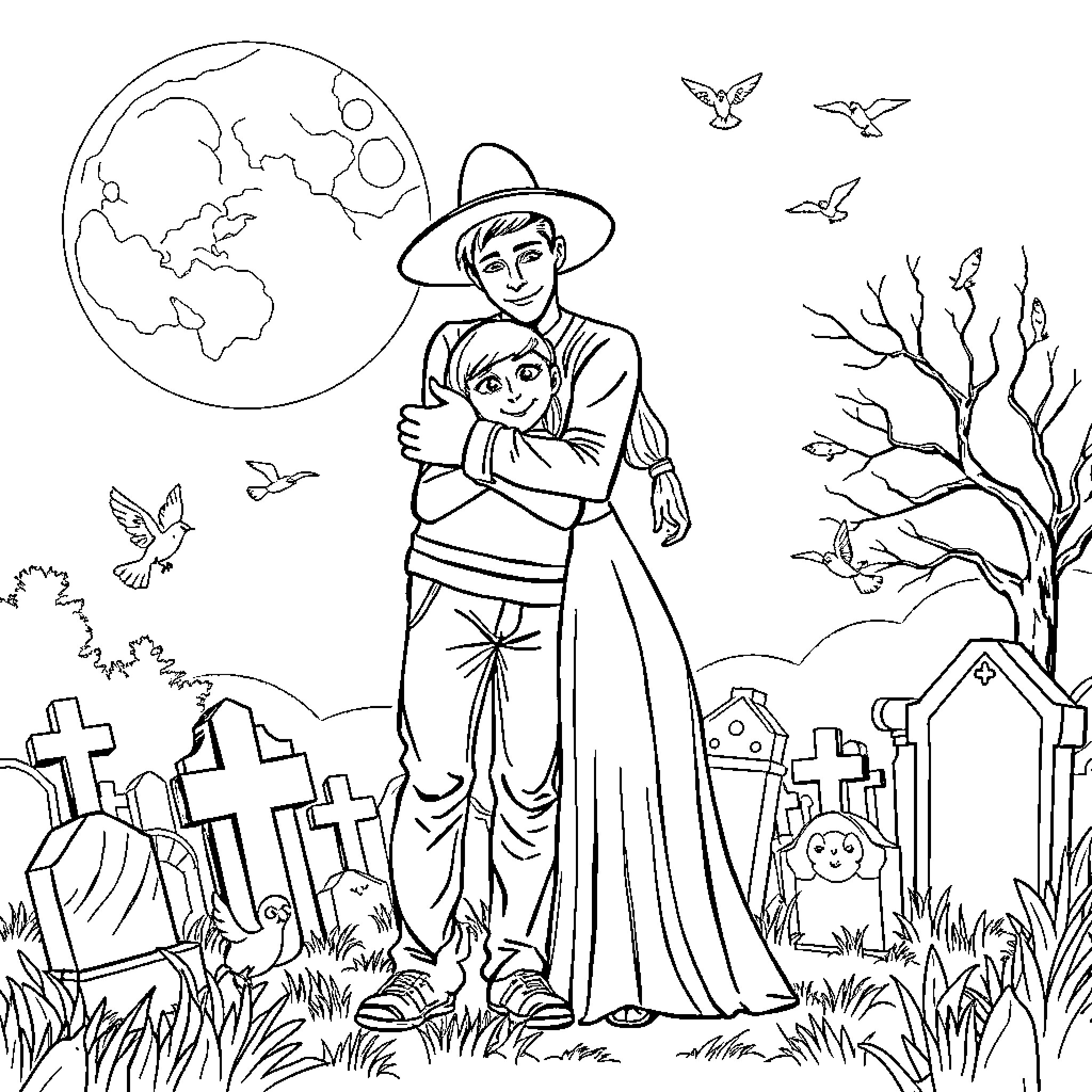 Couple embracing in a graveyard with moon Coloring Page (free black-and-white line drawing printable PDF for all, from beginners to advanced learners, including children, teens, adults, and seniors)