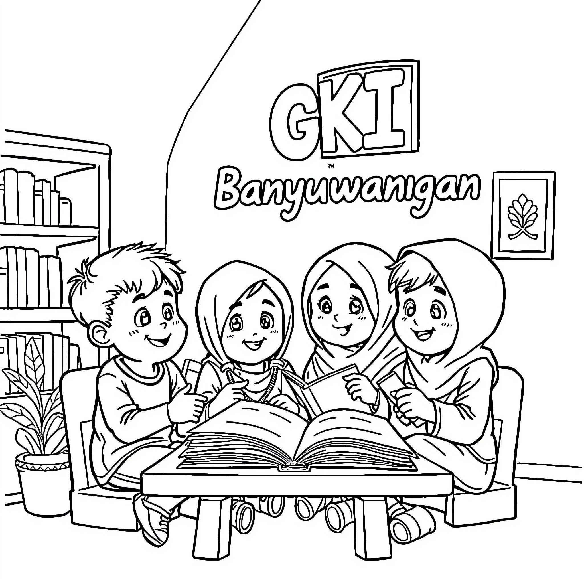 Kids studying together in a library Coloring Page (free black-and-white line drawing printable PDF for all, from beginners to advanced learners, including children, teens, adults, and seniors)